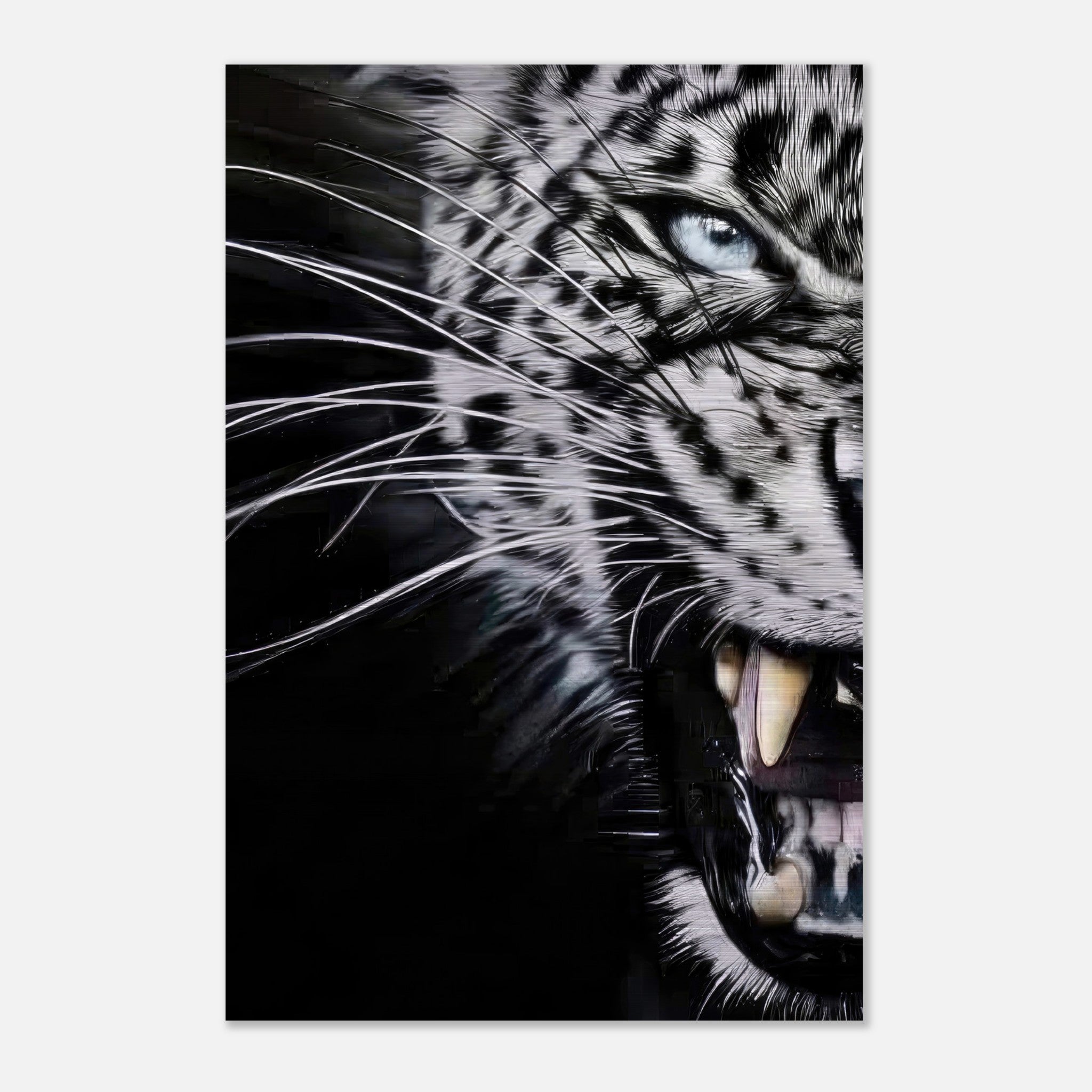 Close-up portrait of a fierce leopard displaying sharp fangs and piercing blue eyes on brushed metal.