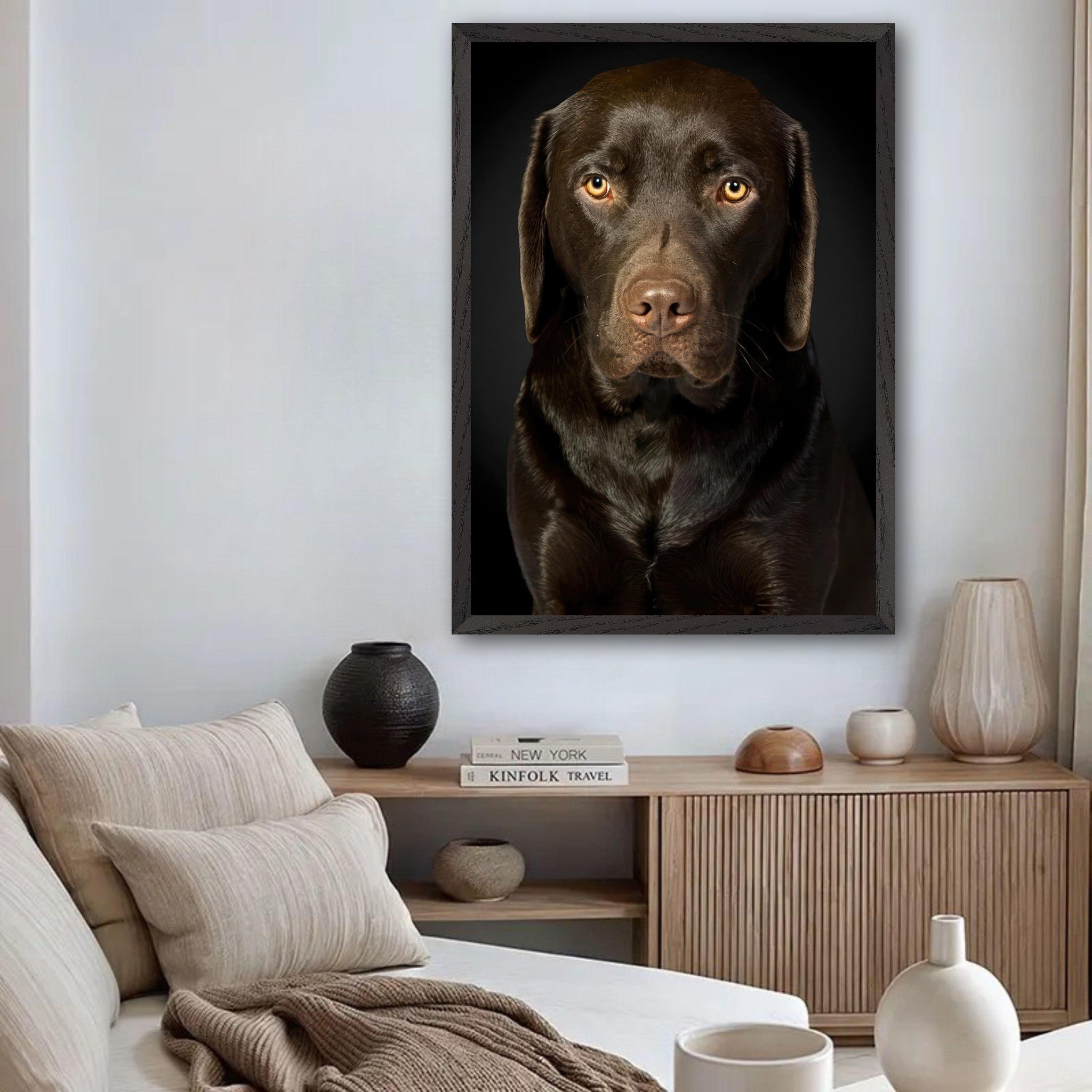 Chocolate Labrador portrait in a modern living room setting, emphasizing its soulful gaze and glossy coat.
