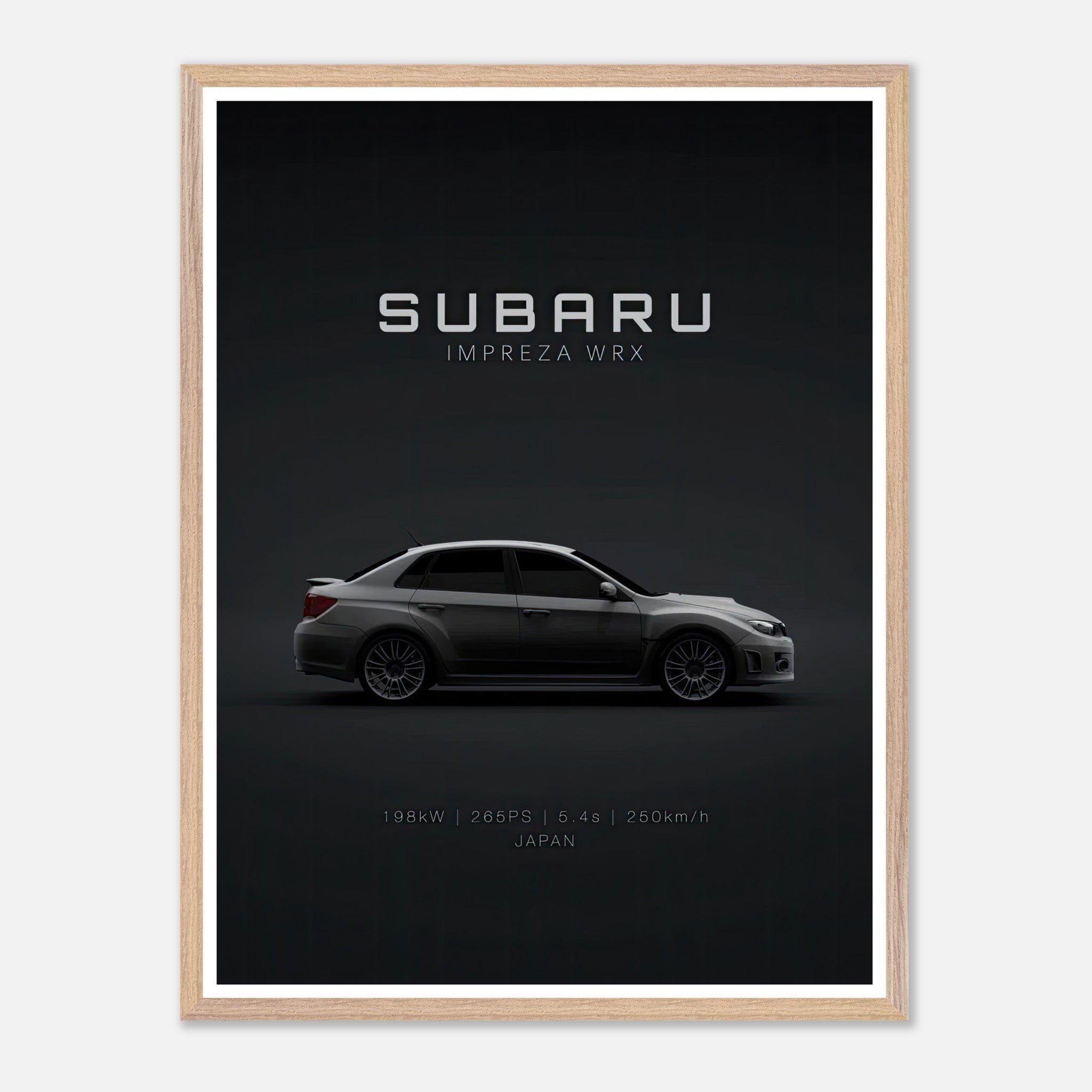 Subaru Impreza WRX vintage framed art showcasing sleek car design against a dark backdrop.