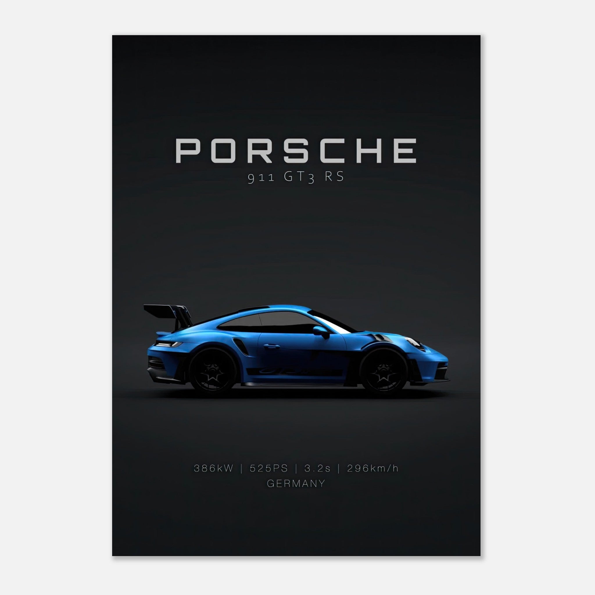 Porsche 911 GT3 RS poster featuring a sleek blue sports car on a minimalist black background.