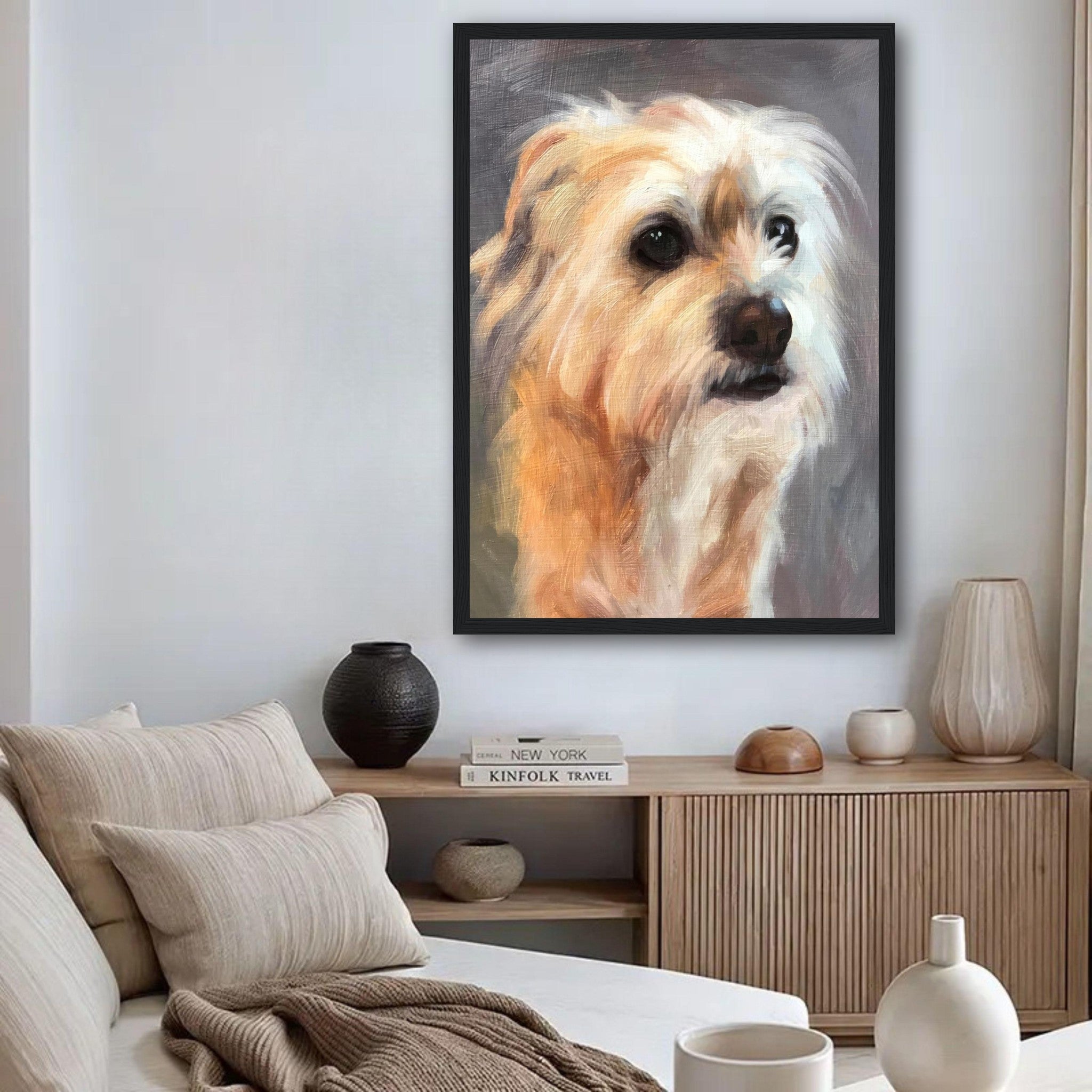 Terrier dog painting framed print displayed in a stylish living room, showcasing a charming and detailed portrait.