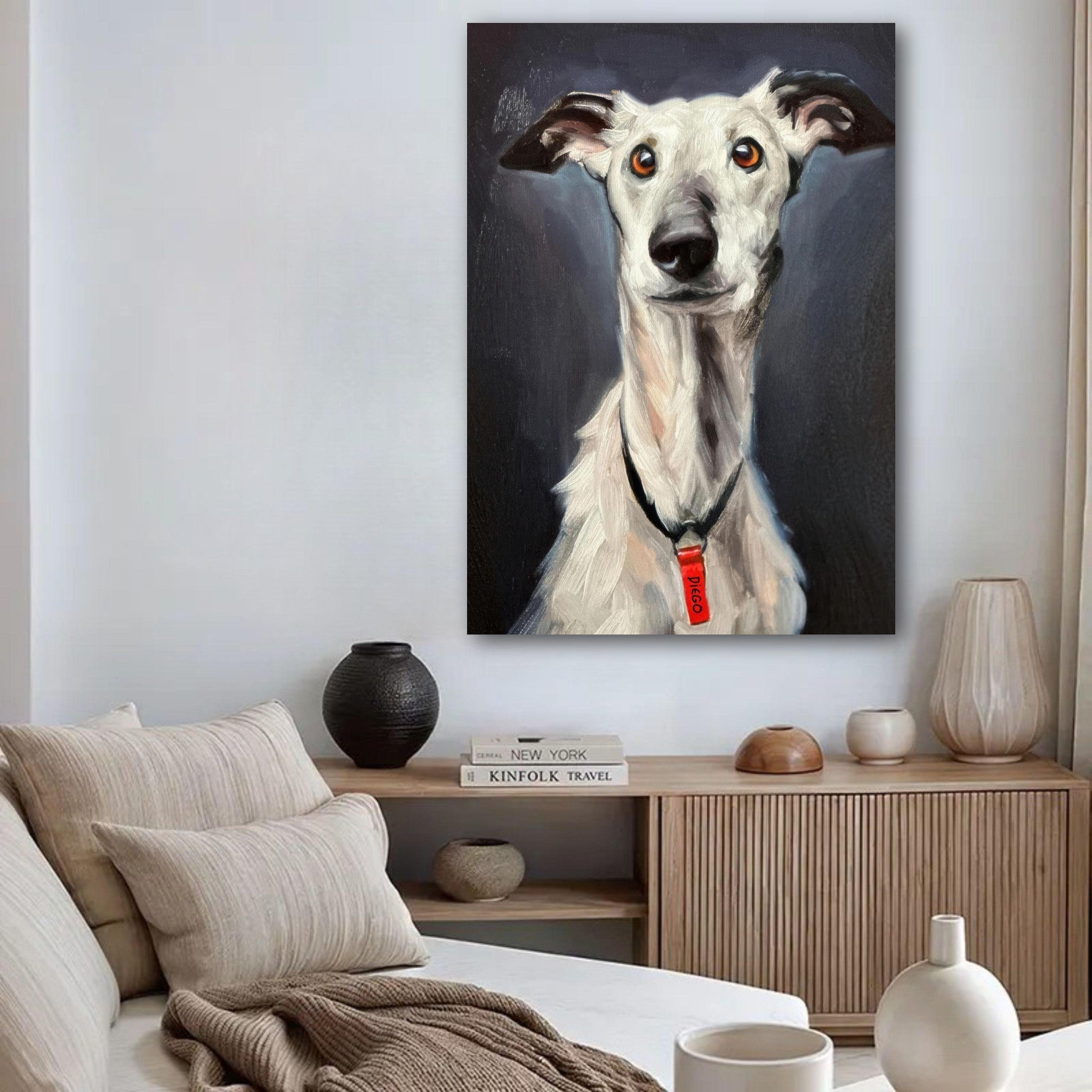 Greyhound dog painting poster displayed in a stylish living room, showcasing elegance and charm in home decor.