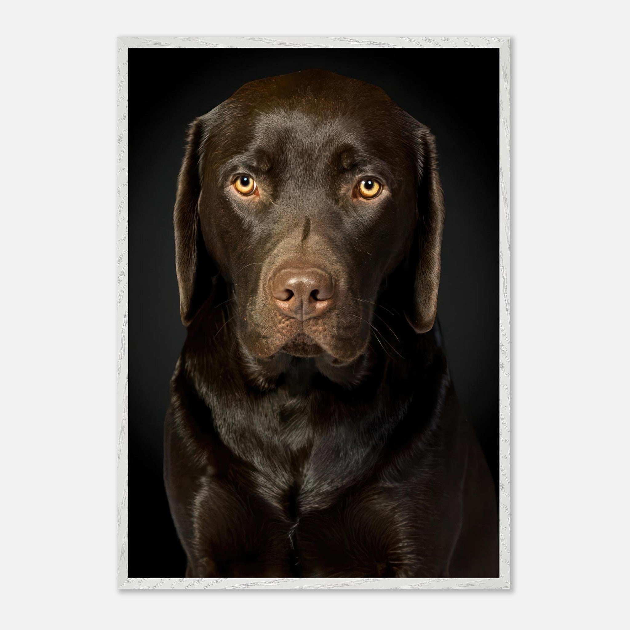 Chocolate Labrador portrait in vintage frame, showcasing warm tones and soulful gaze of this beloved dog breed.