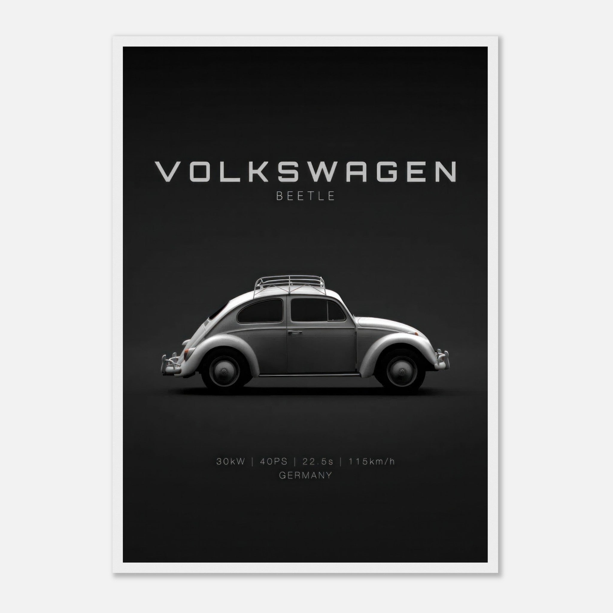 Volkswagen Beetle framed poster showcasing the vintage car's side profile on a minimalist black background.