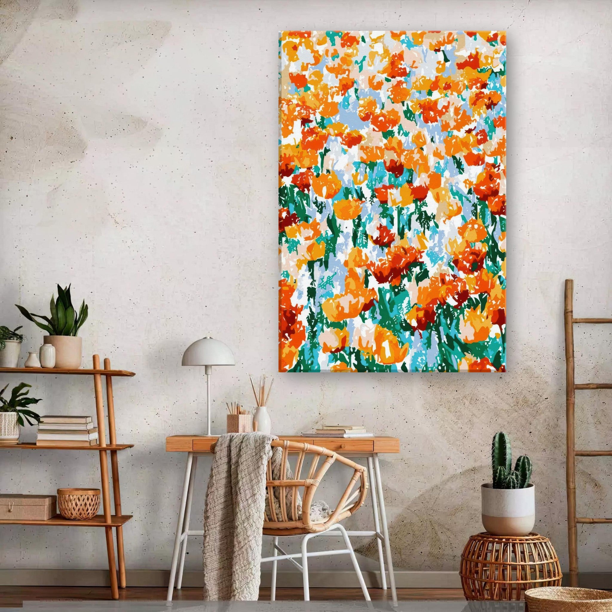 Vibrant Abstract Floral Tulip Garden Canvas Print in a modern room setting with orange and red tulips.