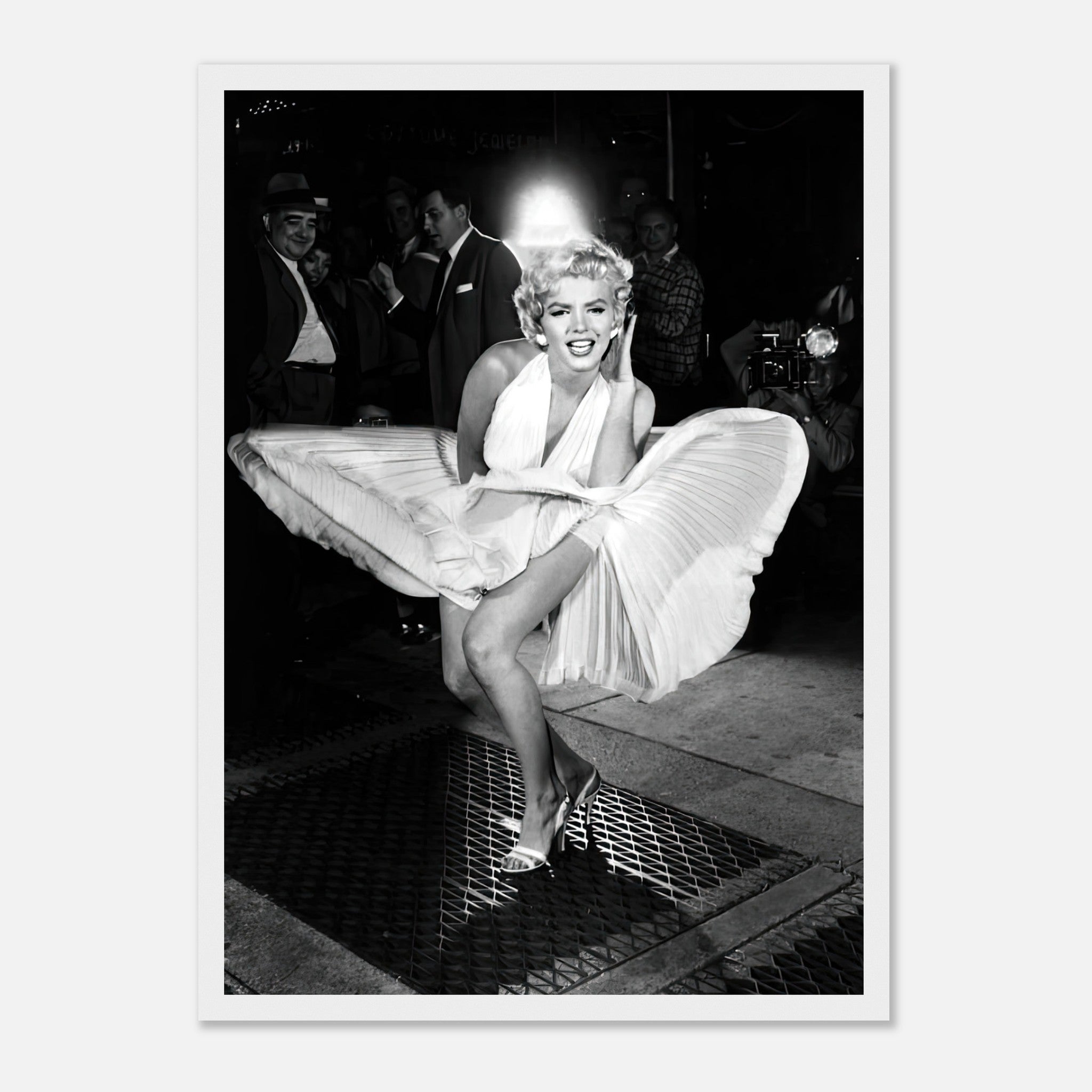 Marilyn Monroe iconic white dress moment captured in a wind-blown photograph, framed print from The Seven Year Itch.