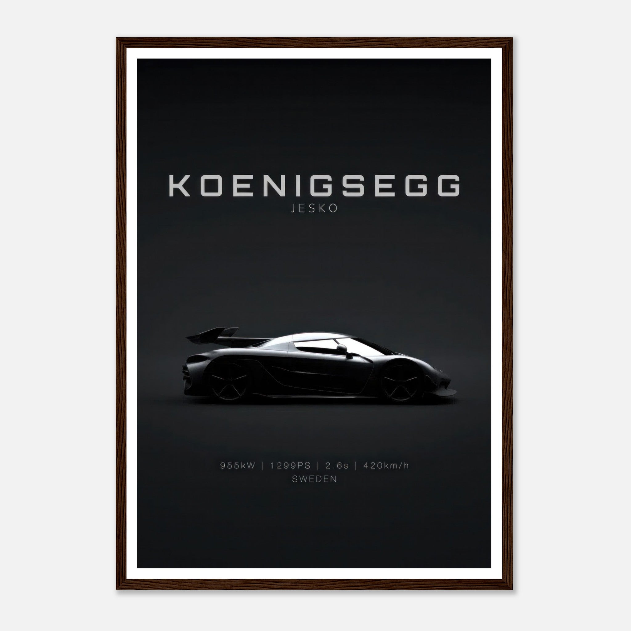 Koenigsegg Jesko framed poster showcasing sleek design and engineering details on a minimalist black background.