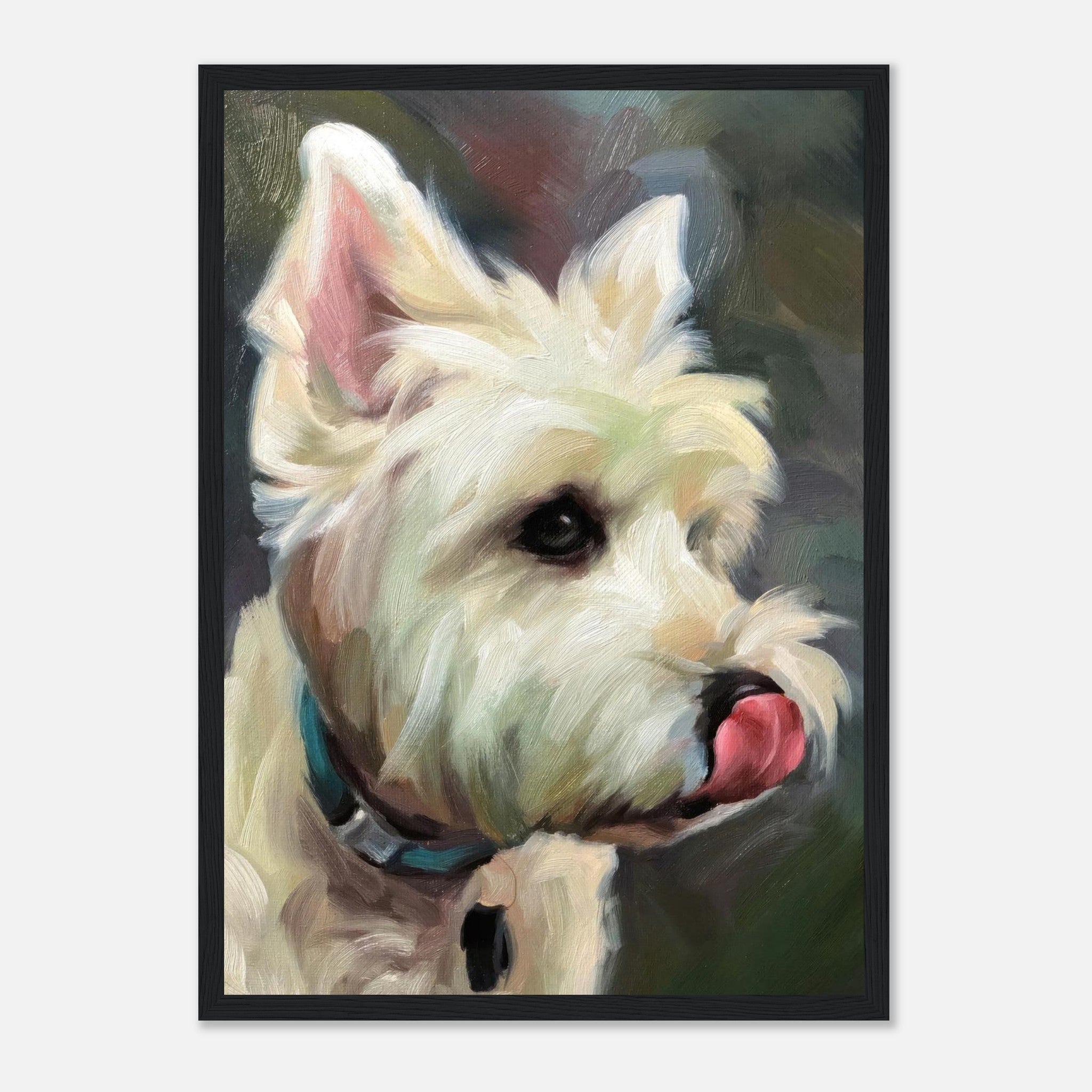 Framed print of a West Highland White Terrier painting with playful expression and rich brushstrokes.