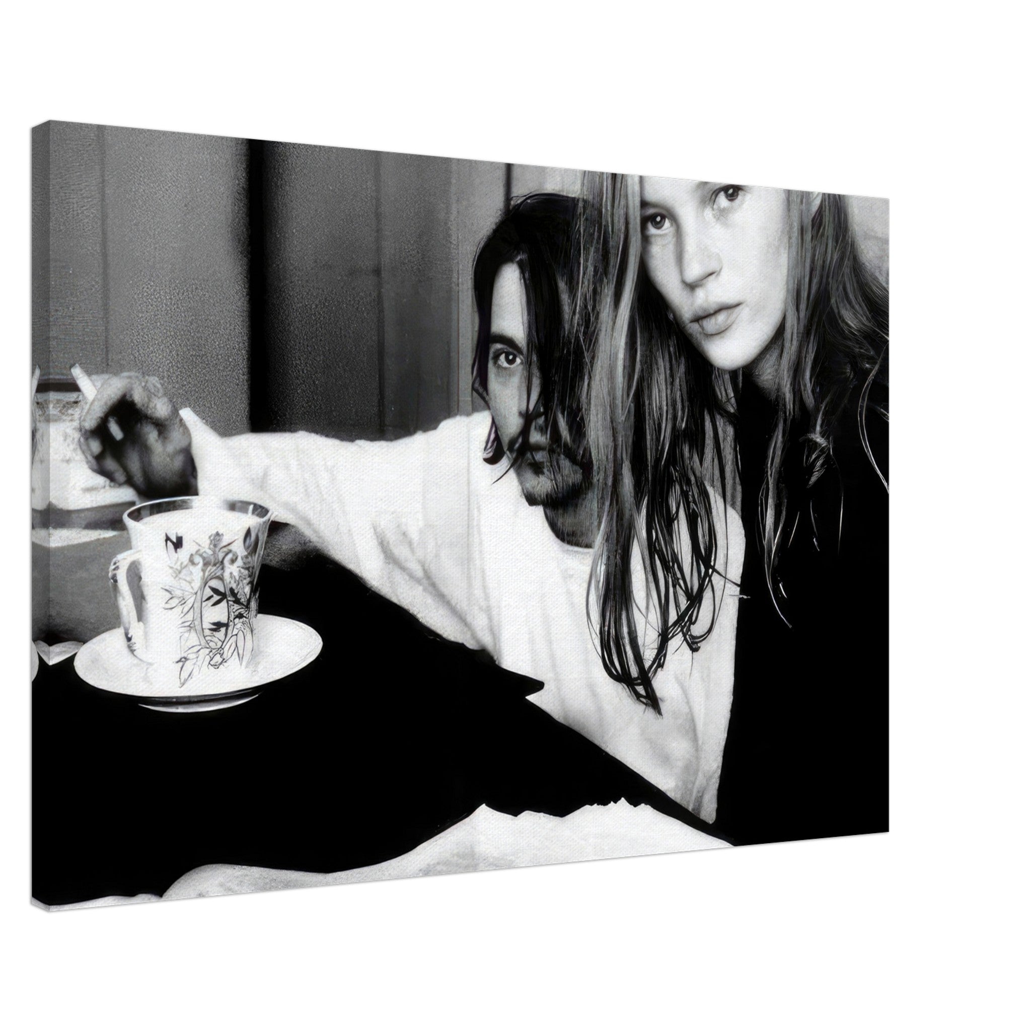 Johnny Depp and Kate Moss black-and-white canvas print capturing 90s nostalgia and rebellious romance.