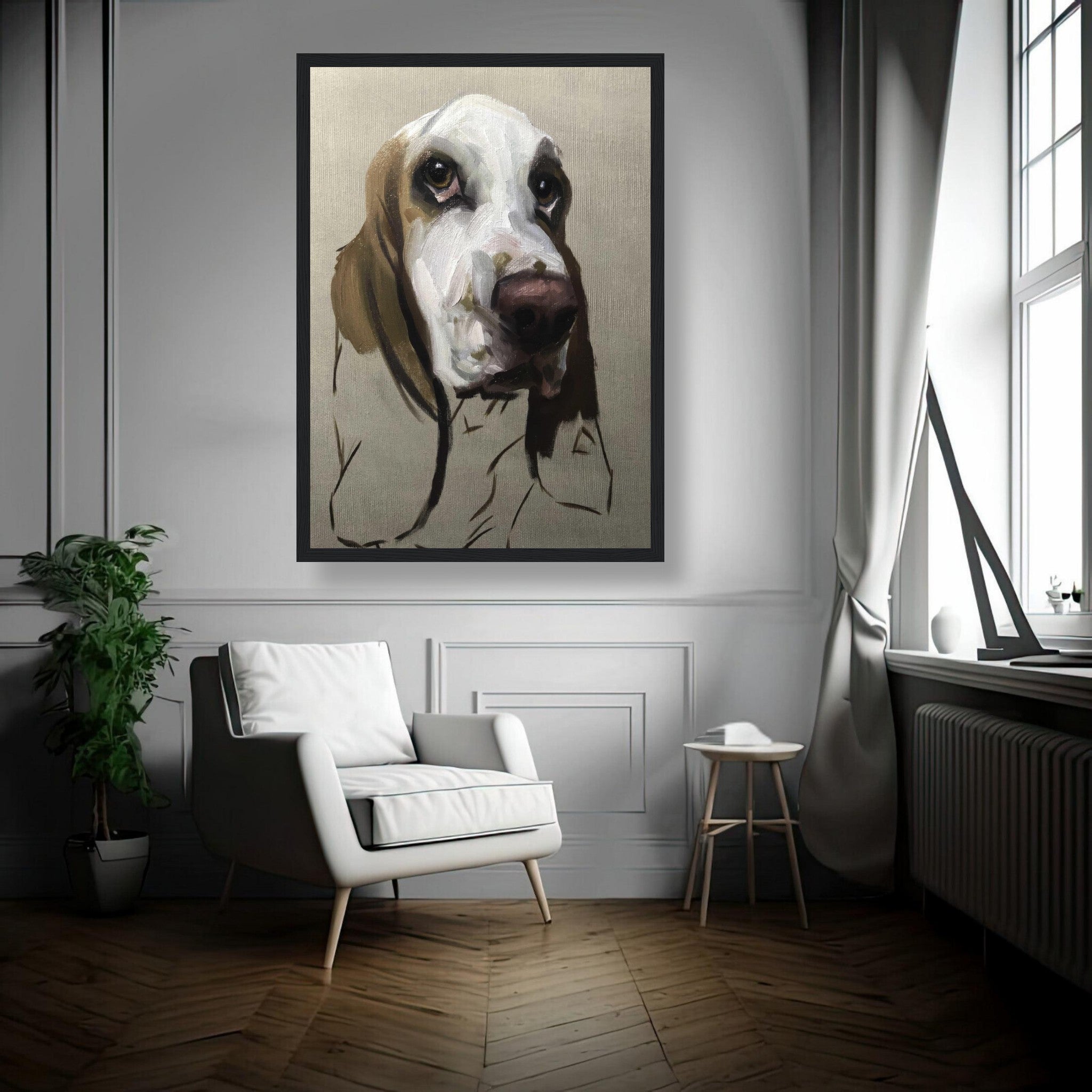 Basset Hound dog painting framed print showcasing droopy ears and soulful eyes in a stylish home setting.