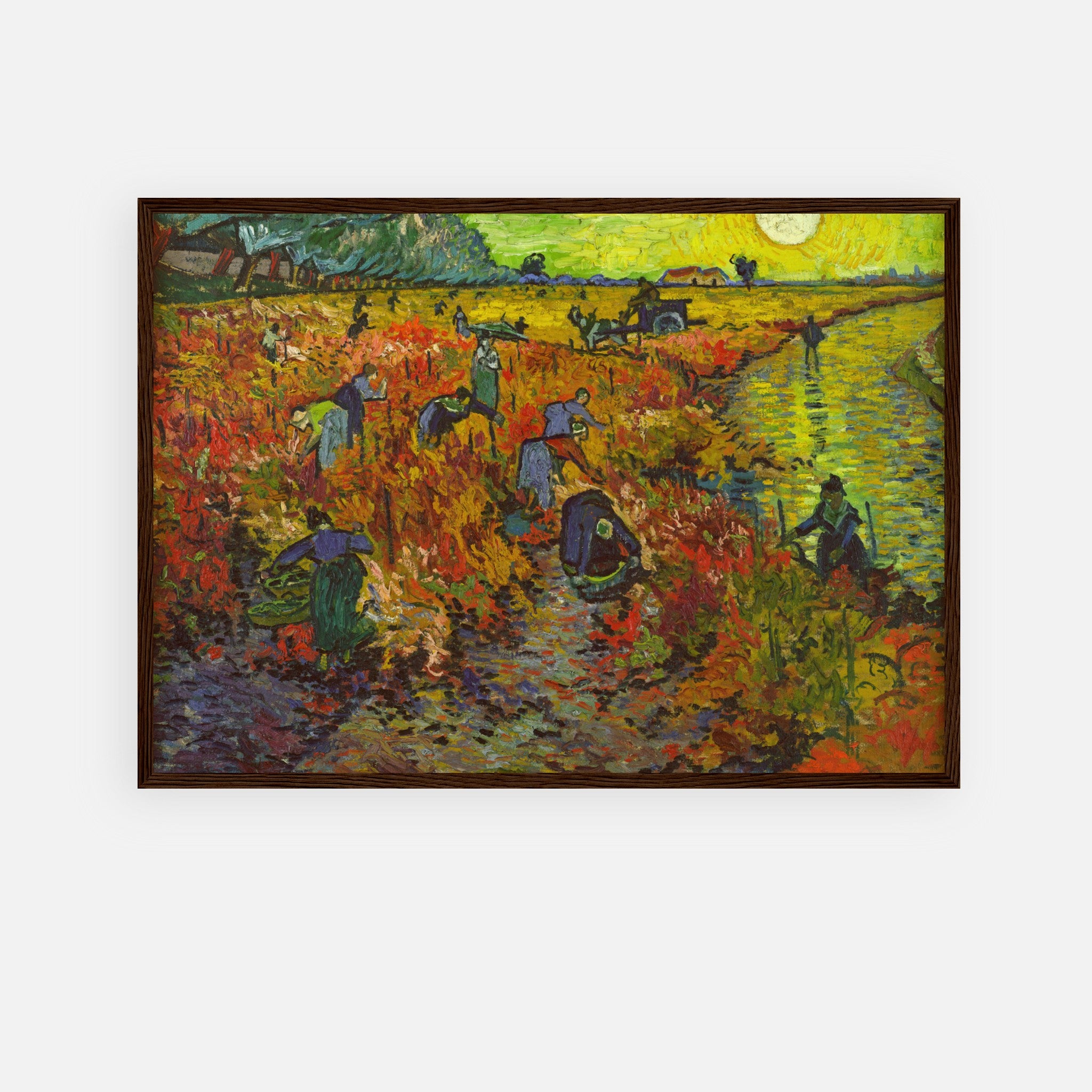The Red Vineyard framed print by Van Gogh, showcasing vibrant autumn colors and harvest scene.