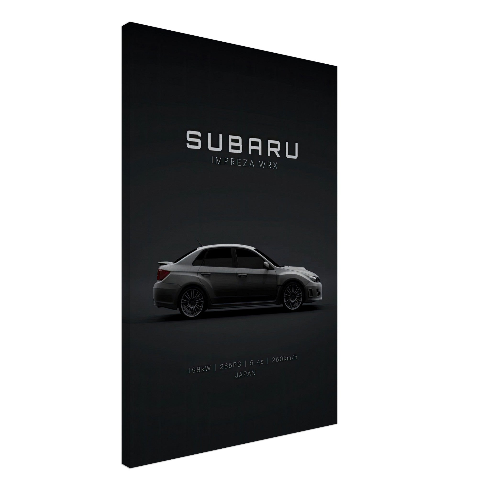 Subaru WRX canvas wall art featuring sleek design on a modern black backdrop, perfect for car enthusiasts.
