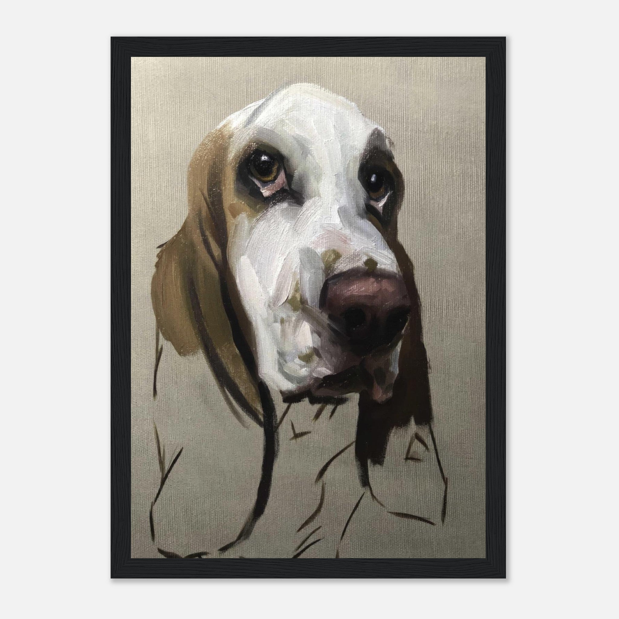 Basset Hound dog painting framed print showcasing expressive features and soulful eyes.