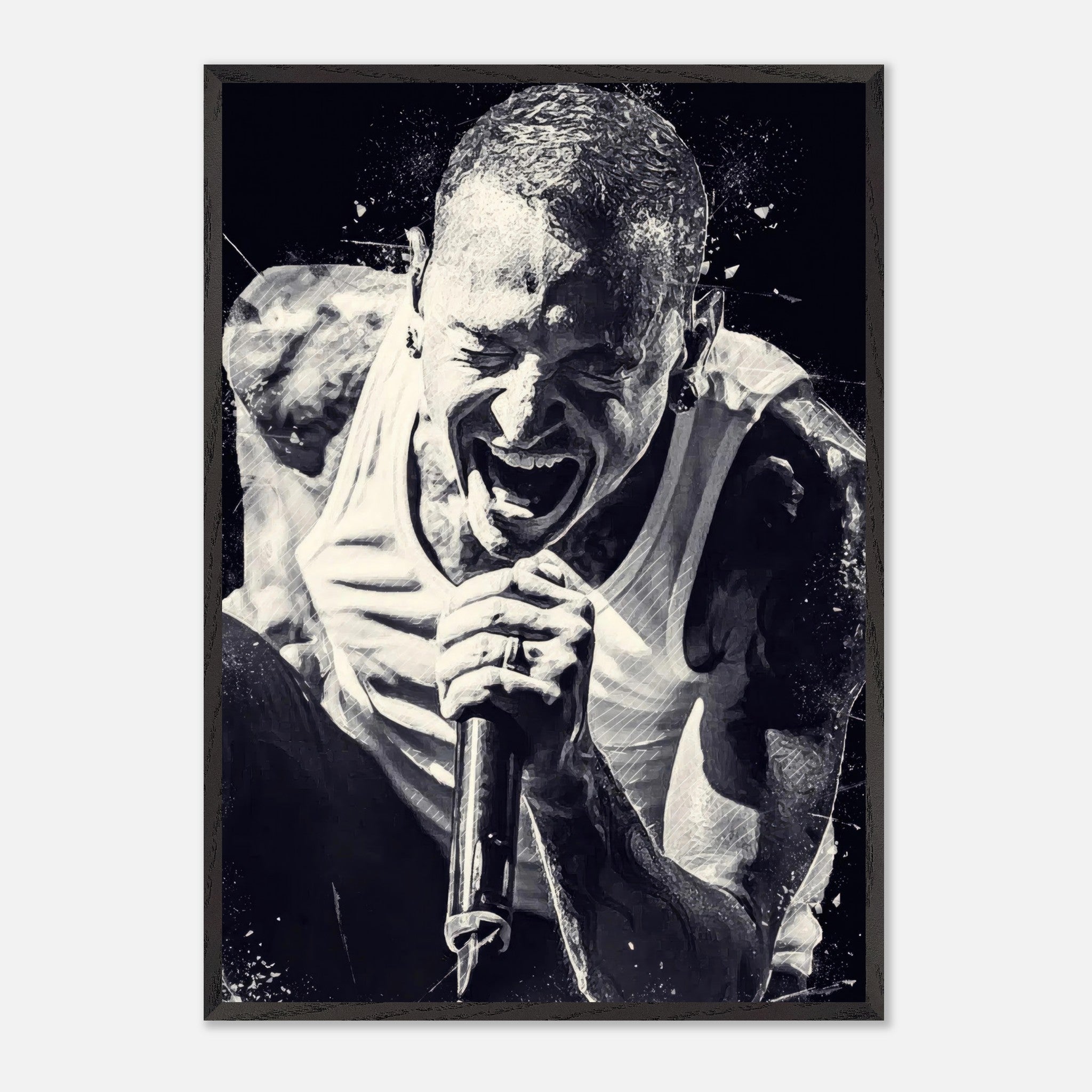Chester Bennington vintage framed print capturing emotional performance of Linkin Park frontman in black-and-white.