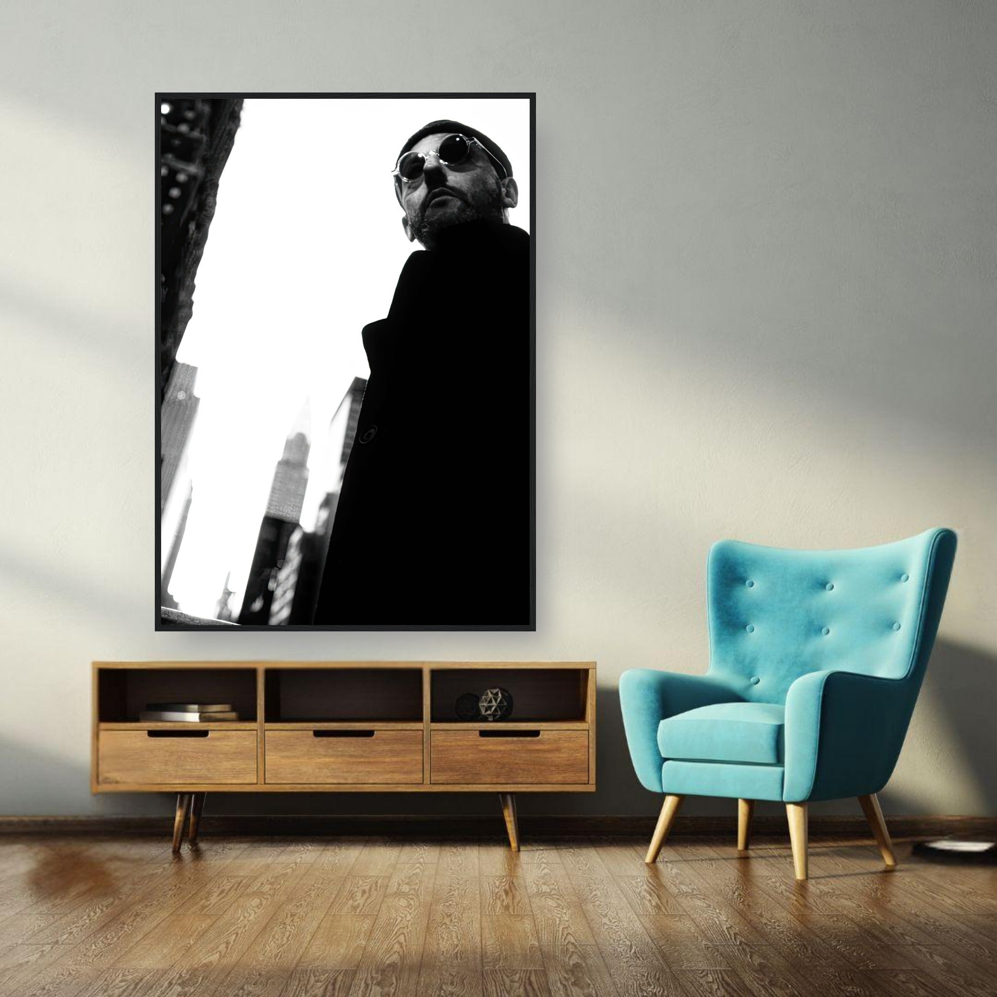 Leon Photography framed print of Jean Reno, black-and-white artwork in stylish interior setting with contemporary furniture.