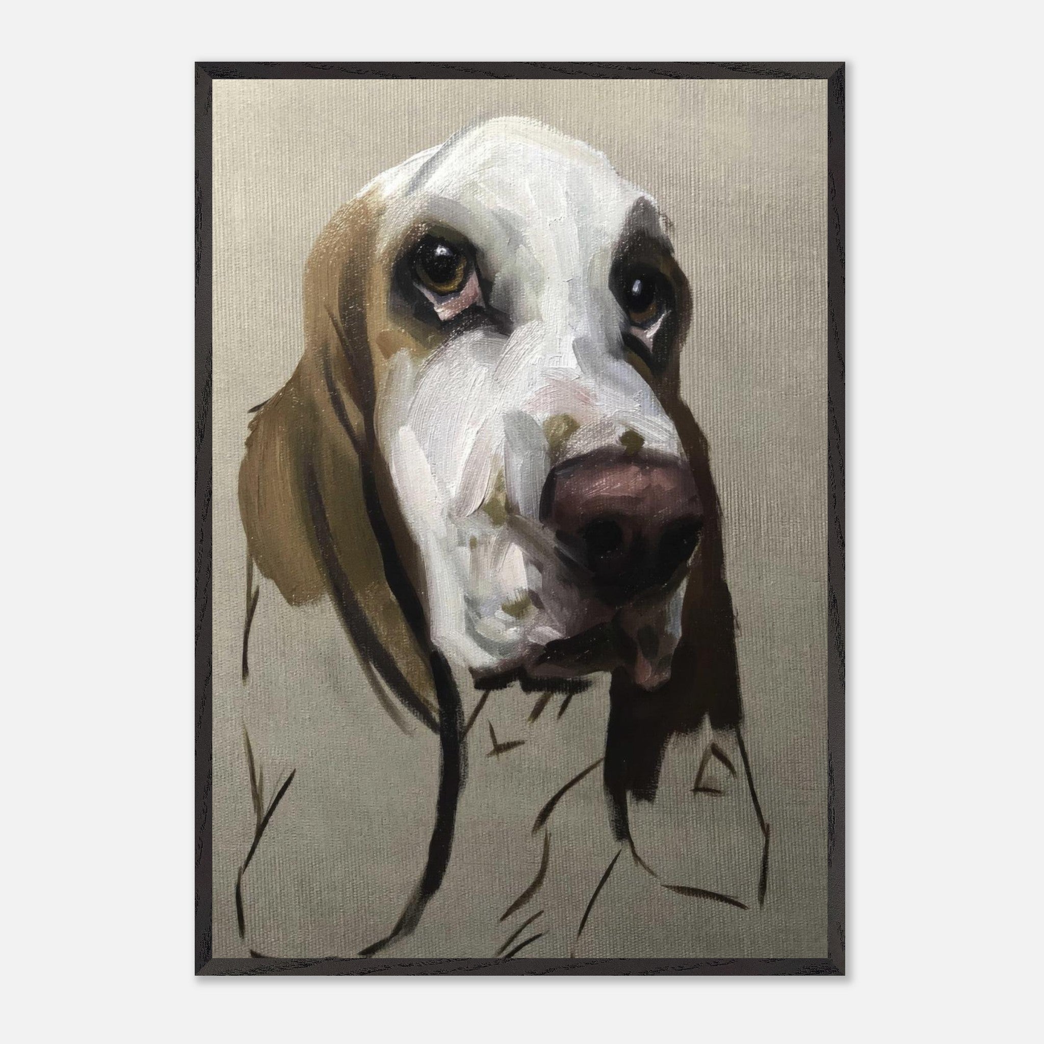 Vintage framed print of a Basset Hound dog painting with expressive brushstrokes and a soulful gaze.