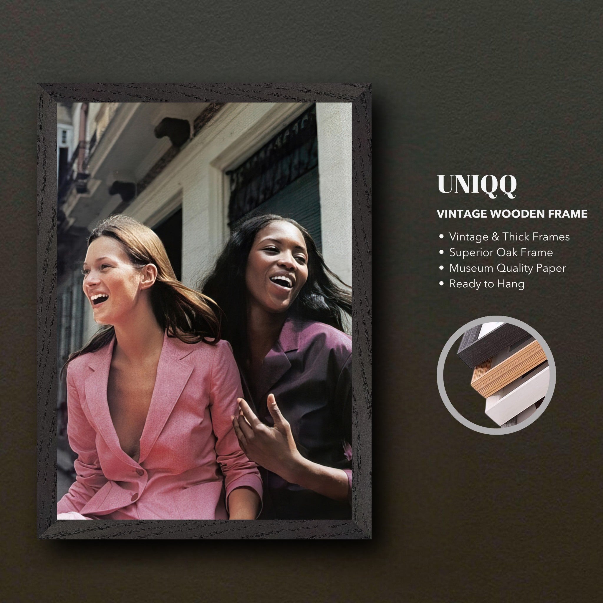 Naomi Campbell and Kate Moss laughing in a vintage framed print, showcasing timeless fashion elegance.
