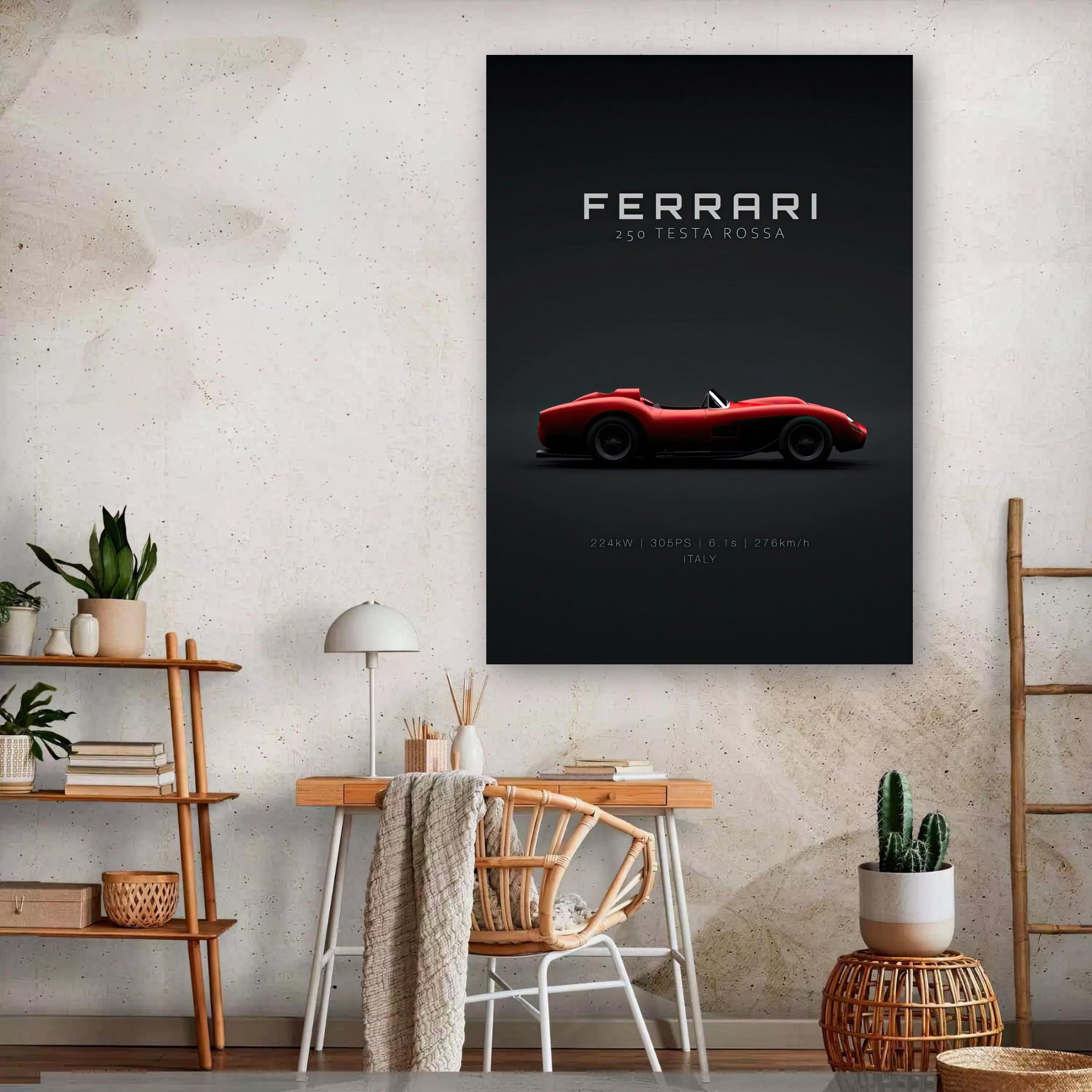 Ferrari 250 Testa Rossa metal print on wall, showcasing iconic red sports car design in stylish decor.