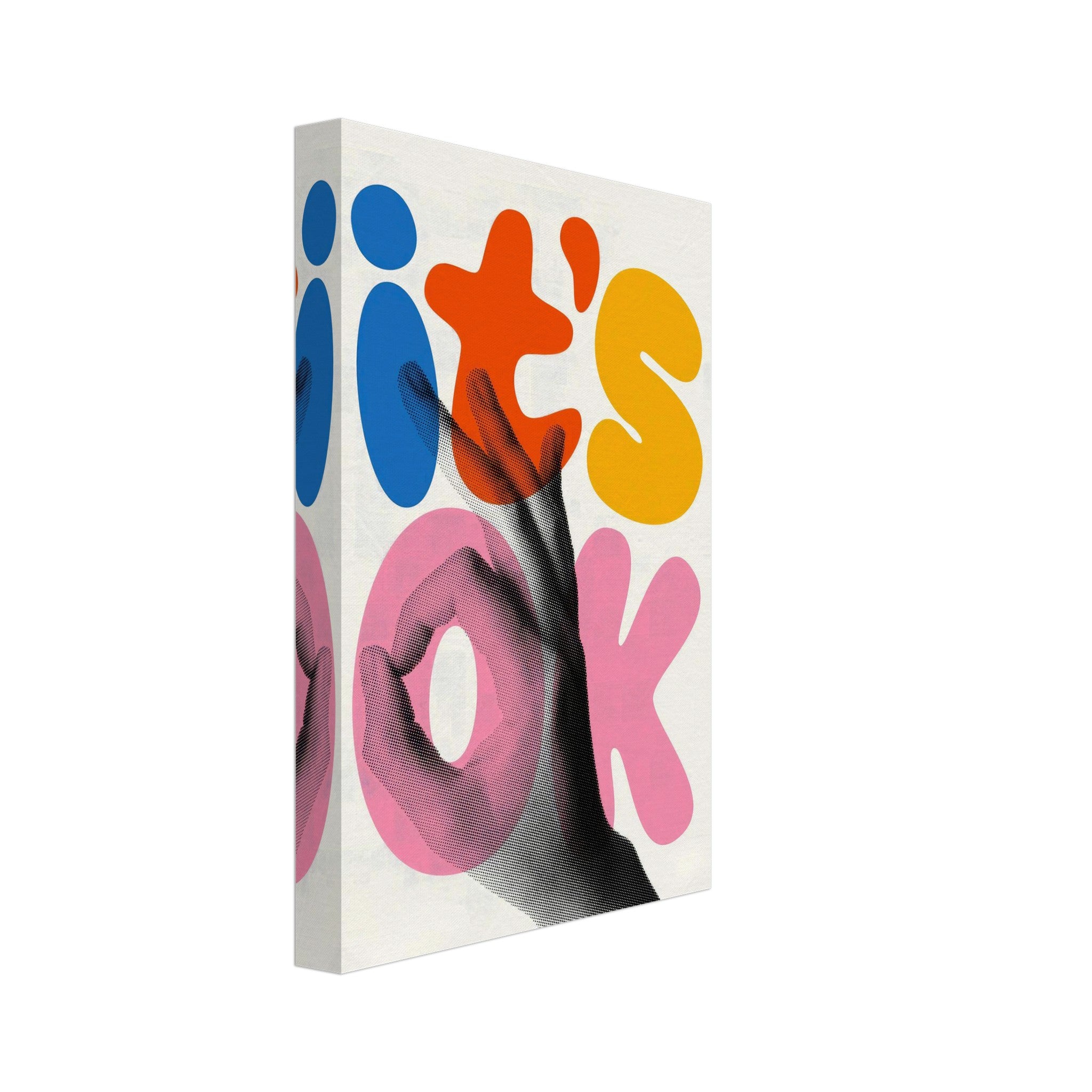 Retro abstract pop art canvas print featuring vibrant colors and a hand gesture saying 'It's Ok'.