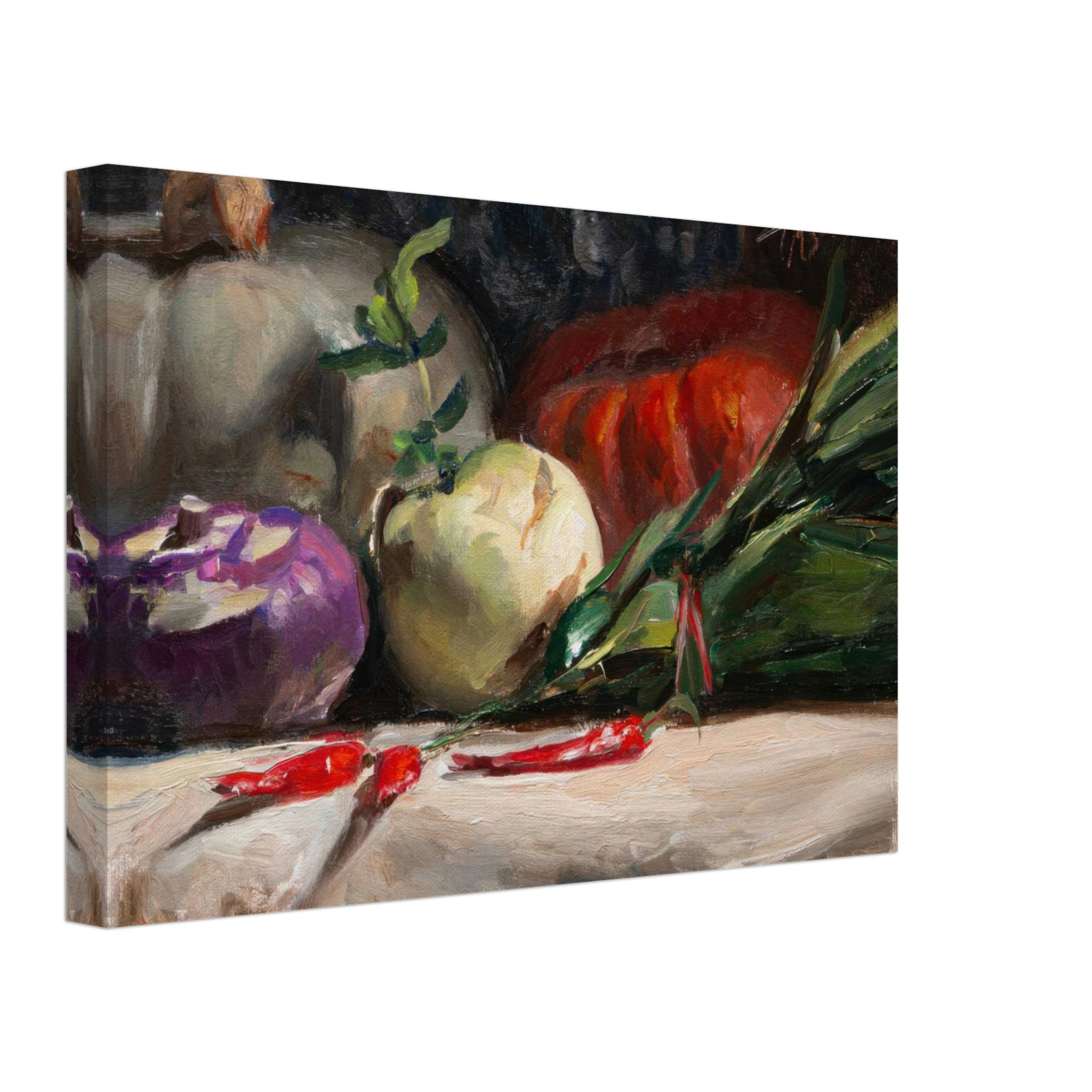 Vibrant still life canvas print featuring kohlrabi, pumpkins, chilis, and fresh vegetables in rich colors.