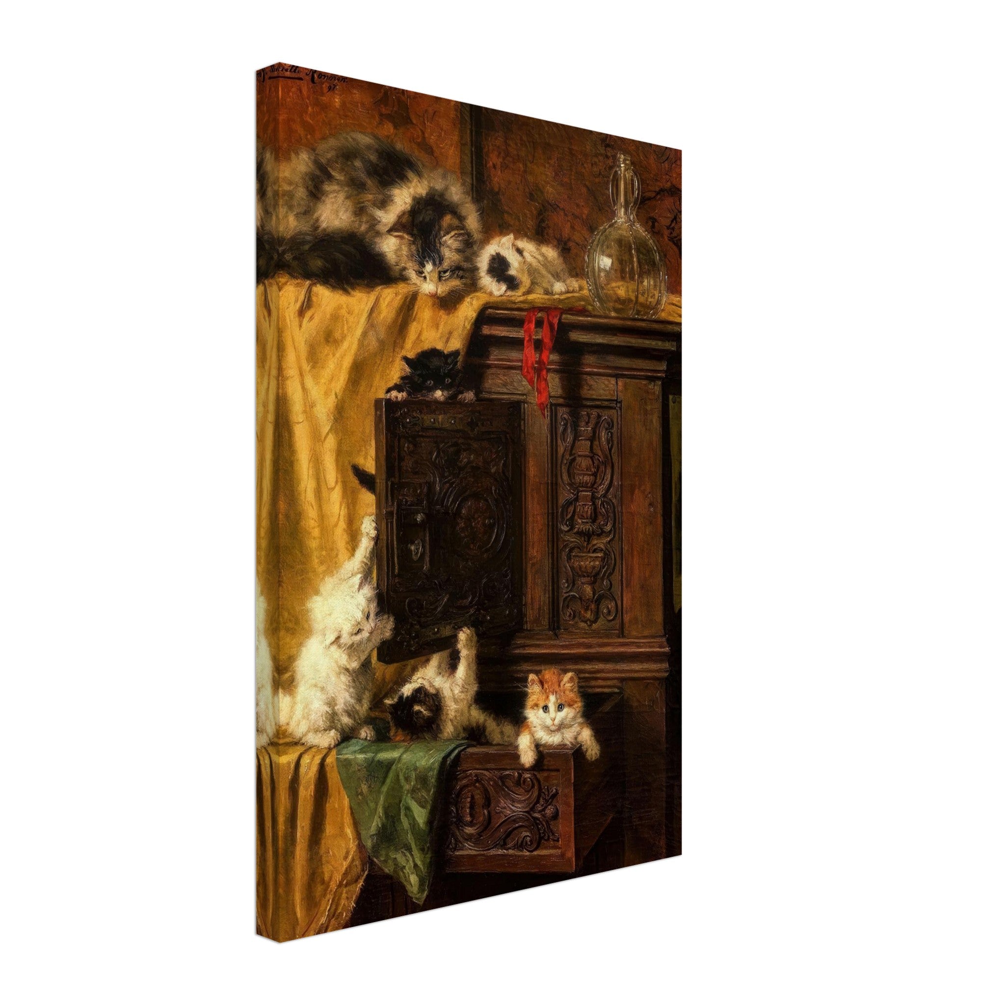 Vintage cat painting canvas print featuring playful kittens on an antique wooden cabinet.