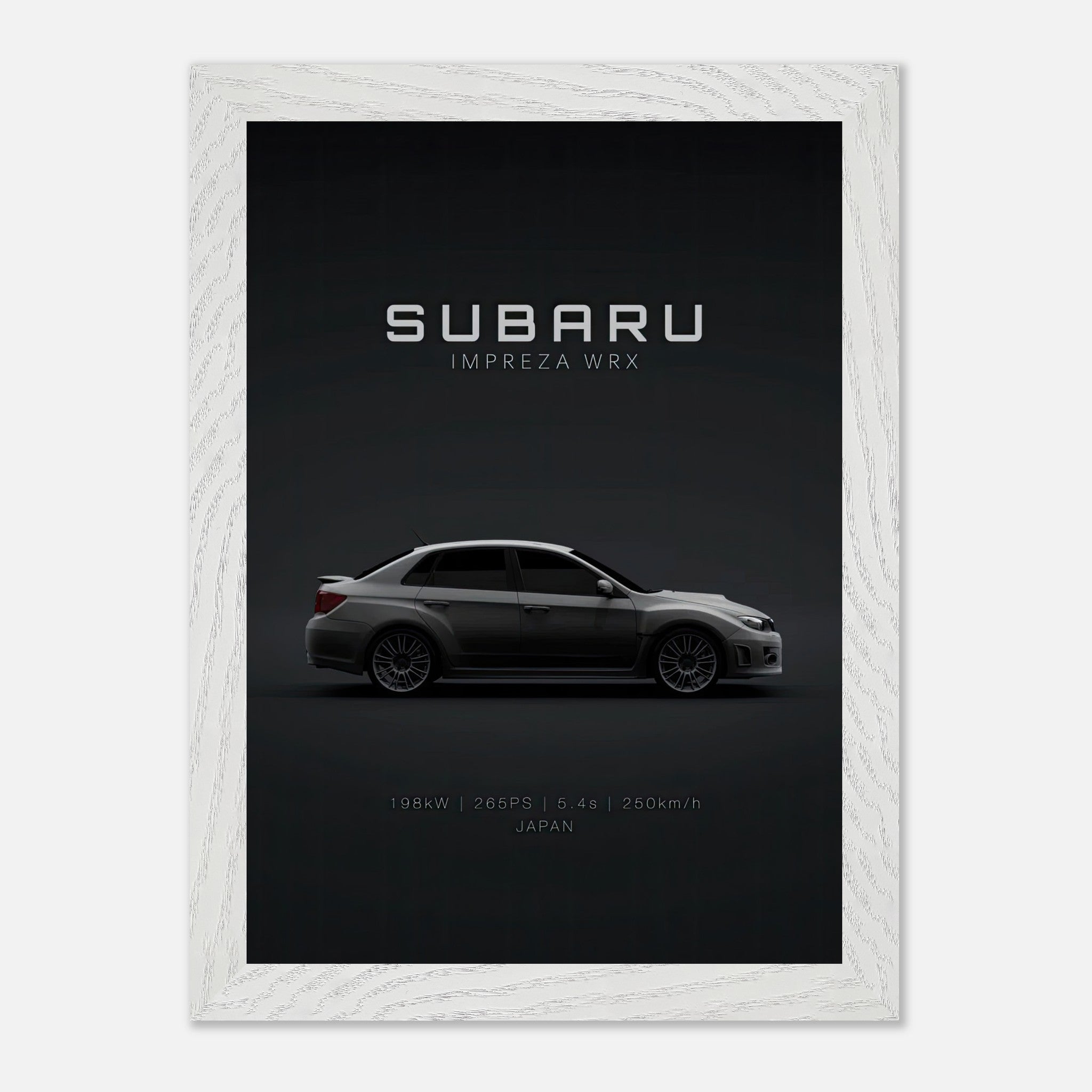 Subaru WRX vintage framed art showcasing the iconic car design on a minimalist dark background.