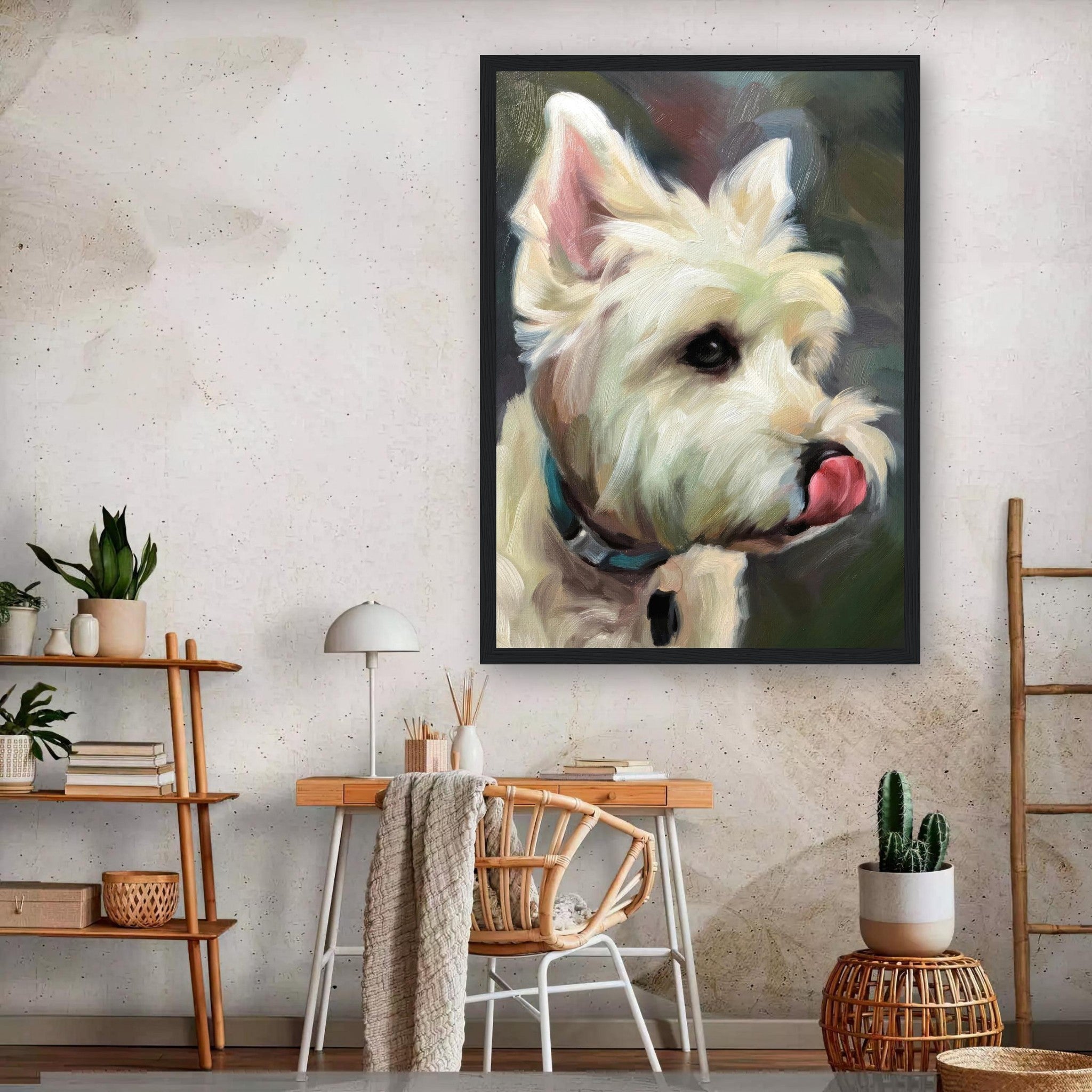 Westie dog painting framed print showcasing a playful West Highland White Terrier with vibrant colors on a stylish wall.