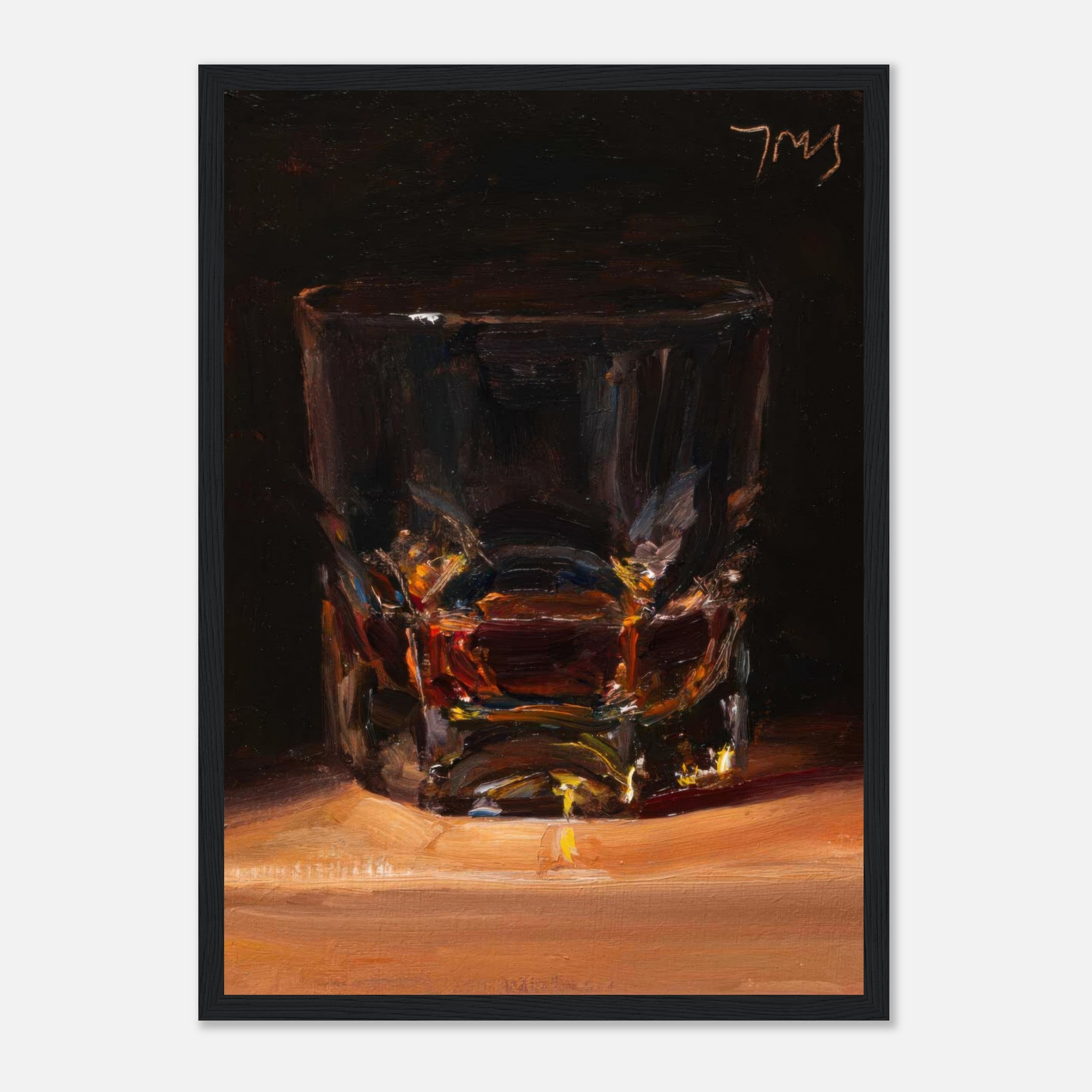 Whiskey framed print featuring a glass reflecting deep amber tones and rich warmth, perfect for home decor.