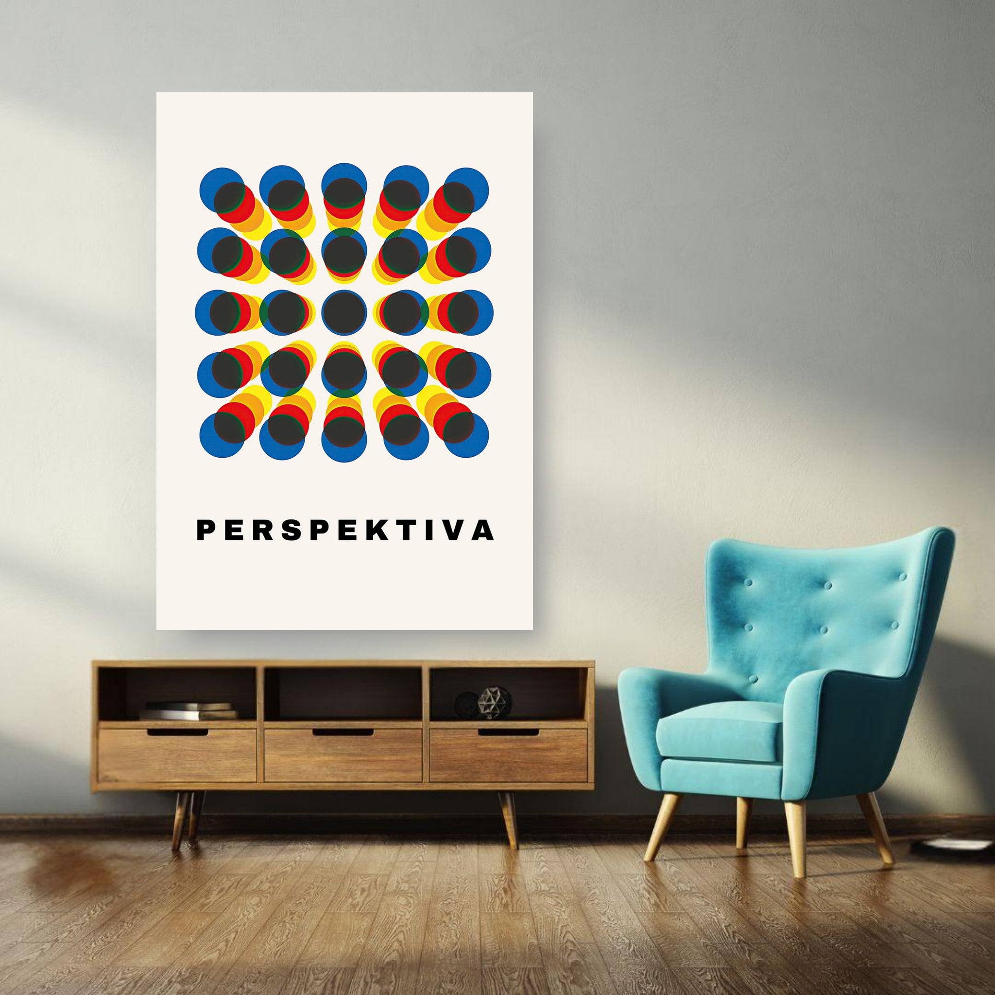 Perspective Abstract Art Poster featuring vibrant geometric patterns in blues, reds, and yellows in a cozy living room.