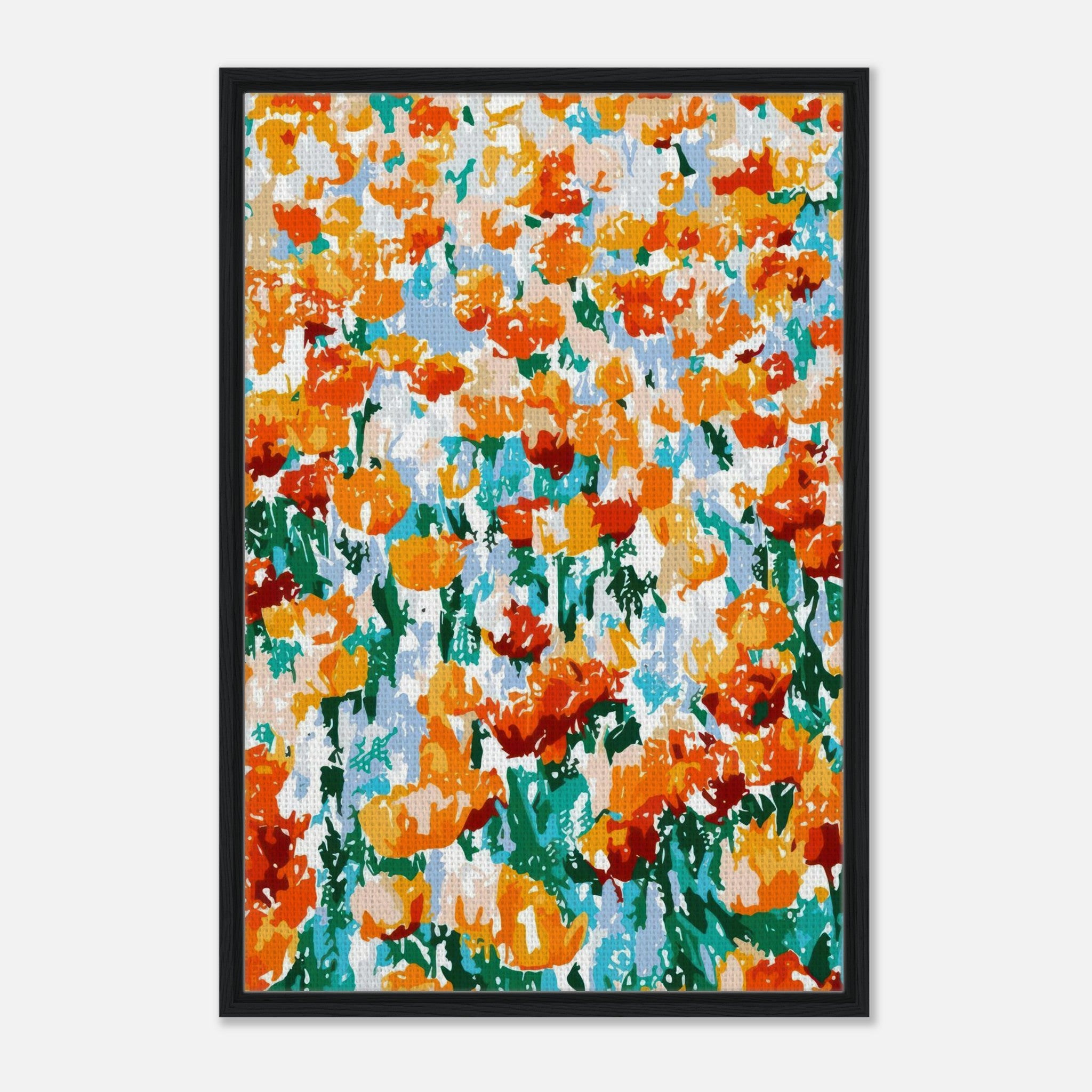 Vibrant abstract floral tulip garden canvas print with orange and green hues, framed for modern decor.