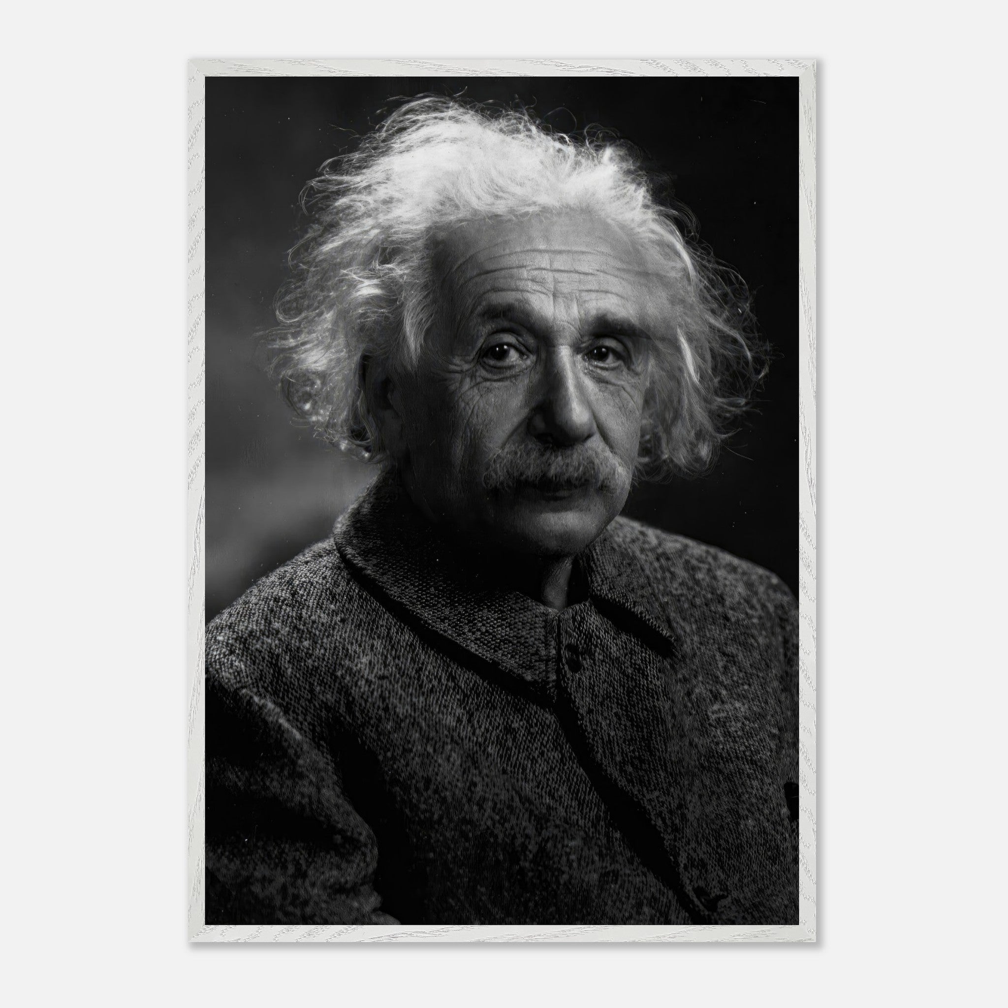 Black-and-white portrait of Albert Einstein in a vintage framed print, showcasing his wisdom and intellect.