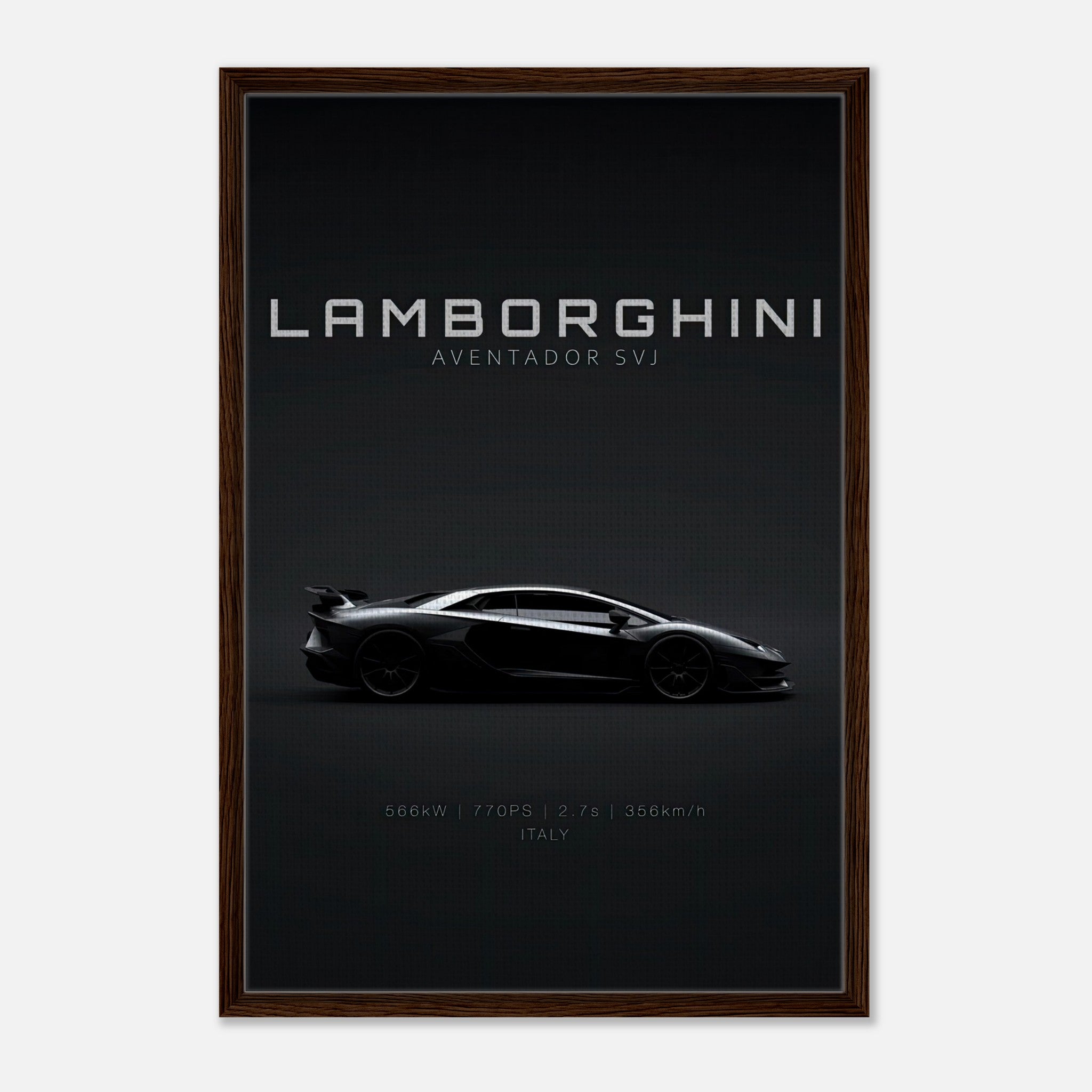 Lamborghini Aventador SVJ Framed Canvas showcasing sleek design and powerful silhouette on a black backdrop.
