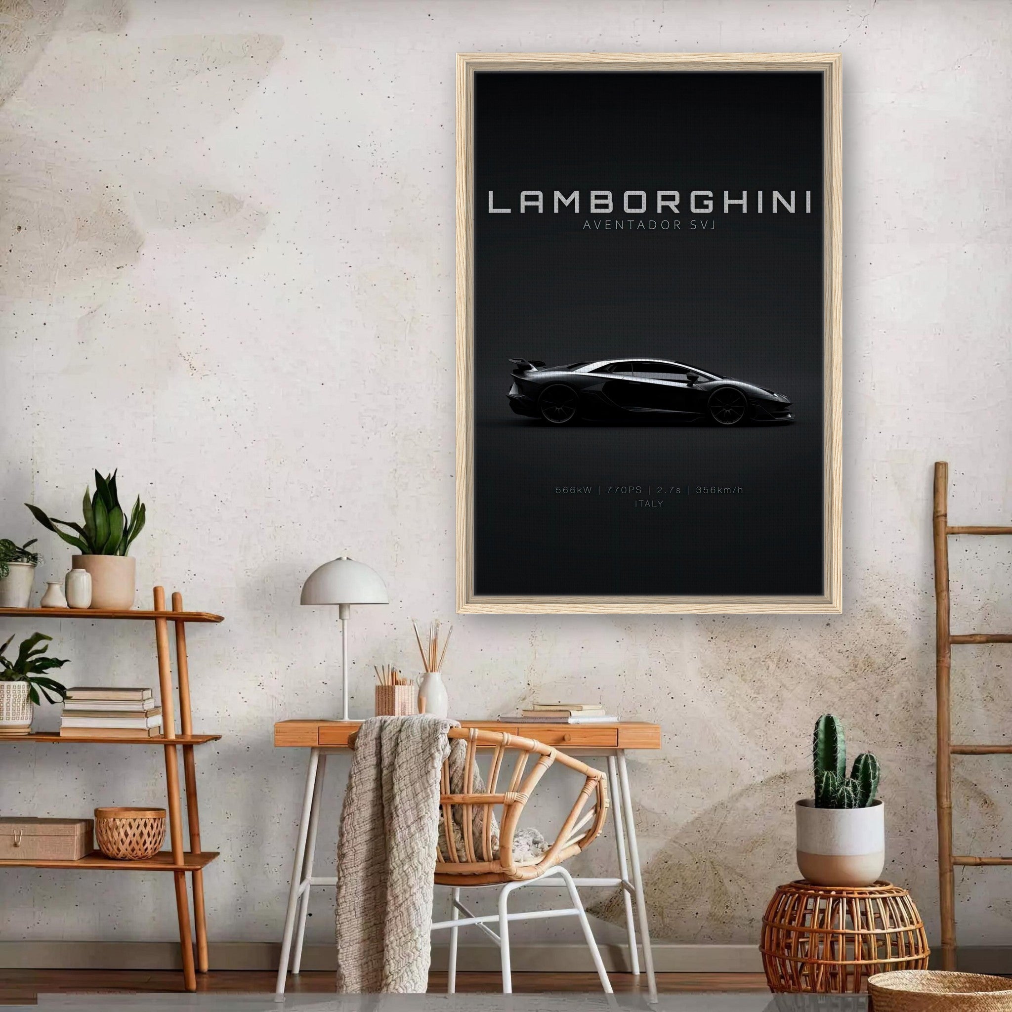 Lamborghini Aventador SVJ framed canvas art in a stylish interior, showcasing sleek design on a black backdrop.