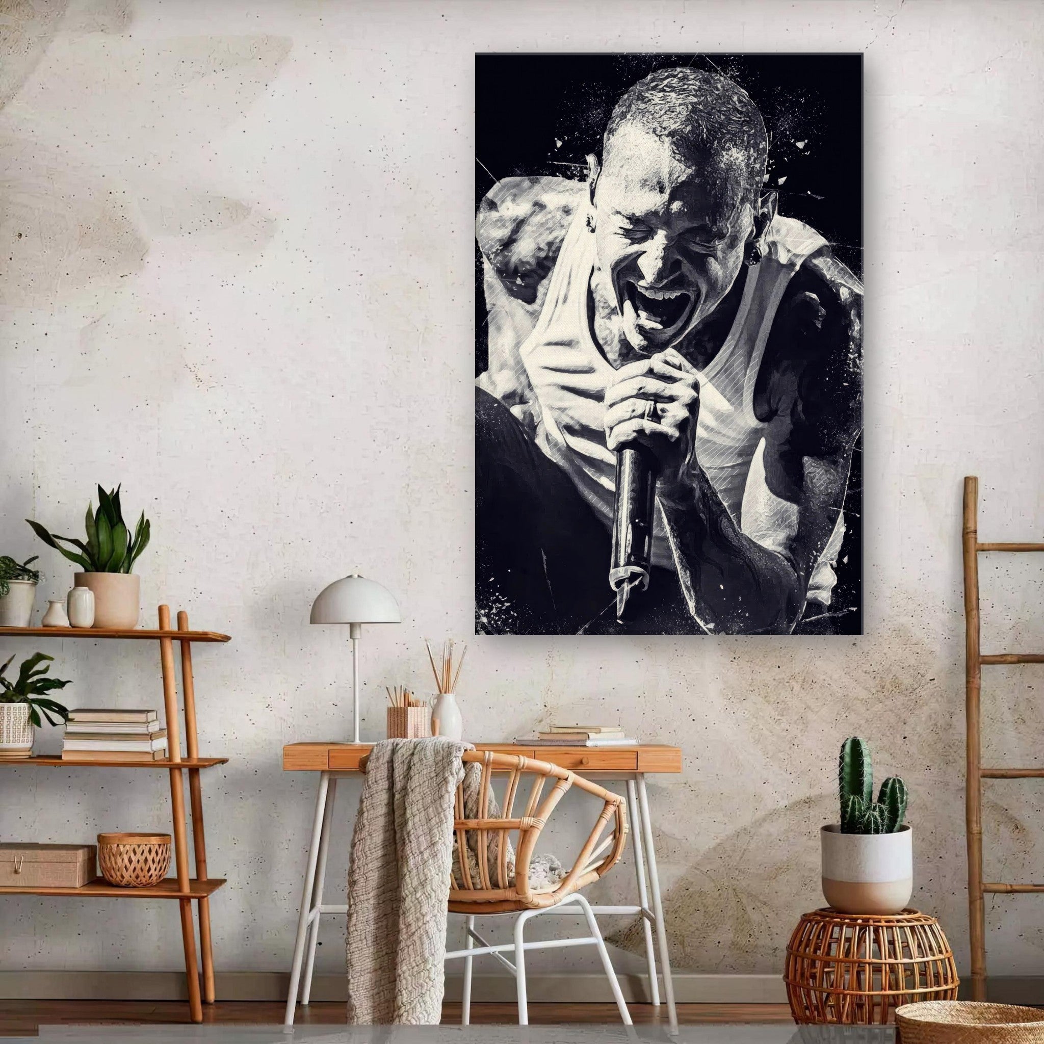Chester Bennington canvas print featuring a black-and-white portrait of the iconic Linkin Park frontman in intense performance.
