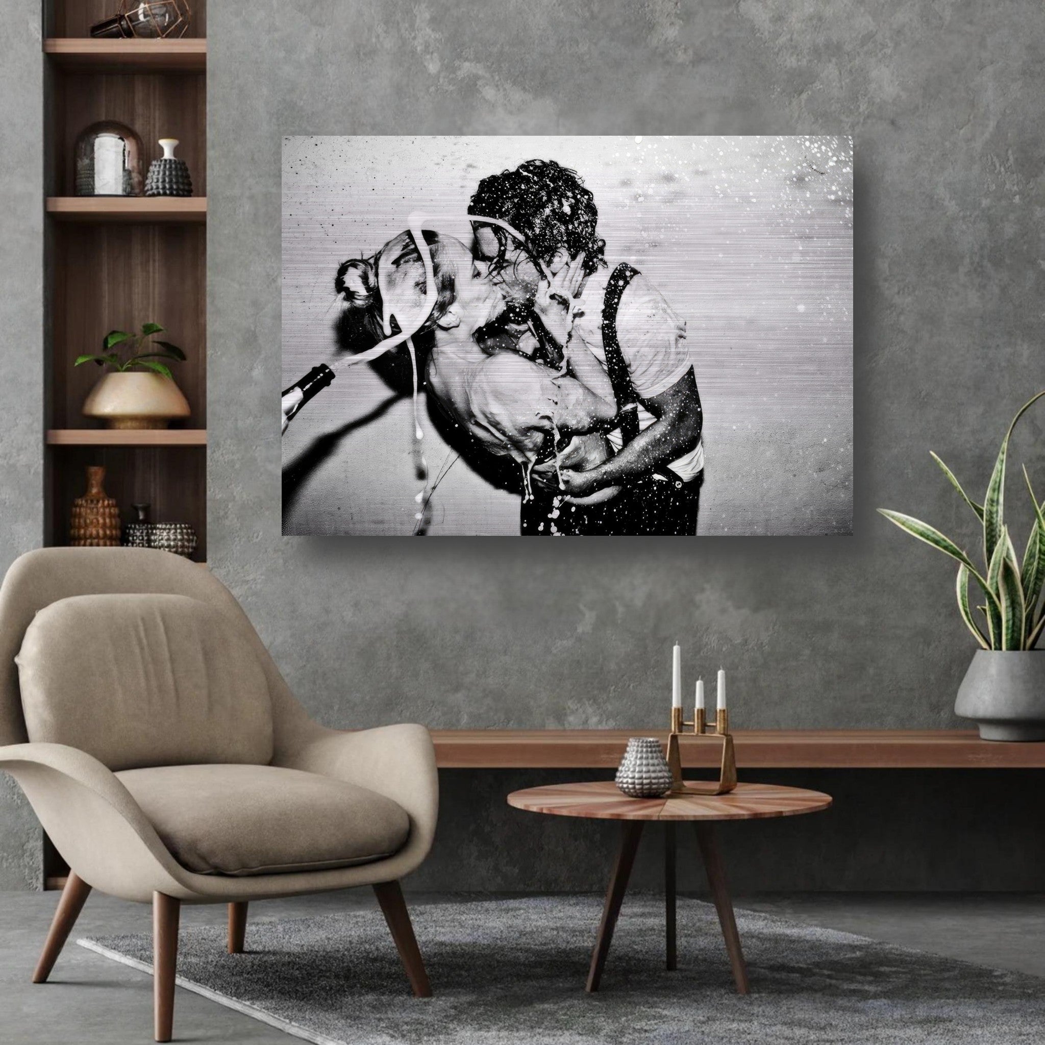 Brushed metal print of Johnny Depp and Kate Moss in a passionate embrace, capturing glamour and emotion.