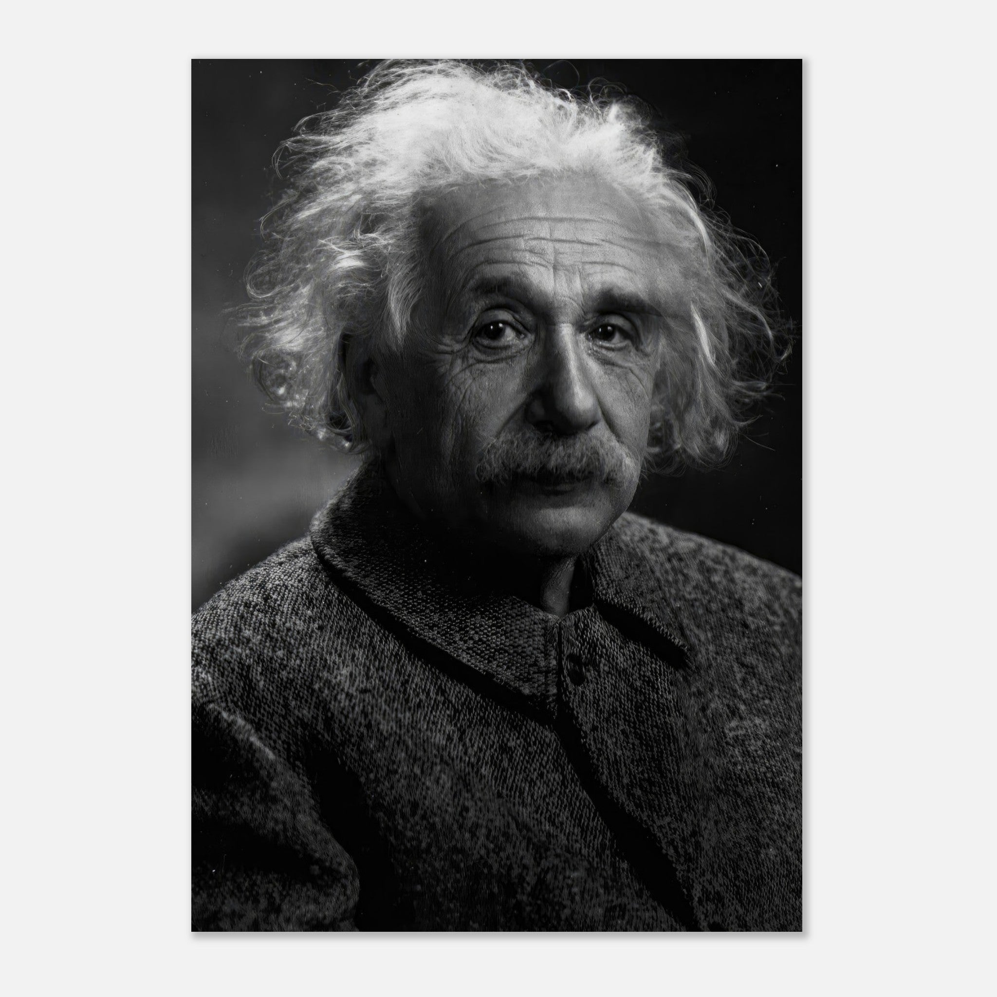 Black-and-white portrait of Albert Einstein, showcasing his wisdom and intellectual depth in a metal print.