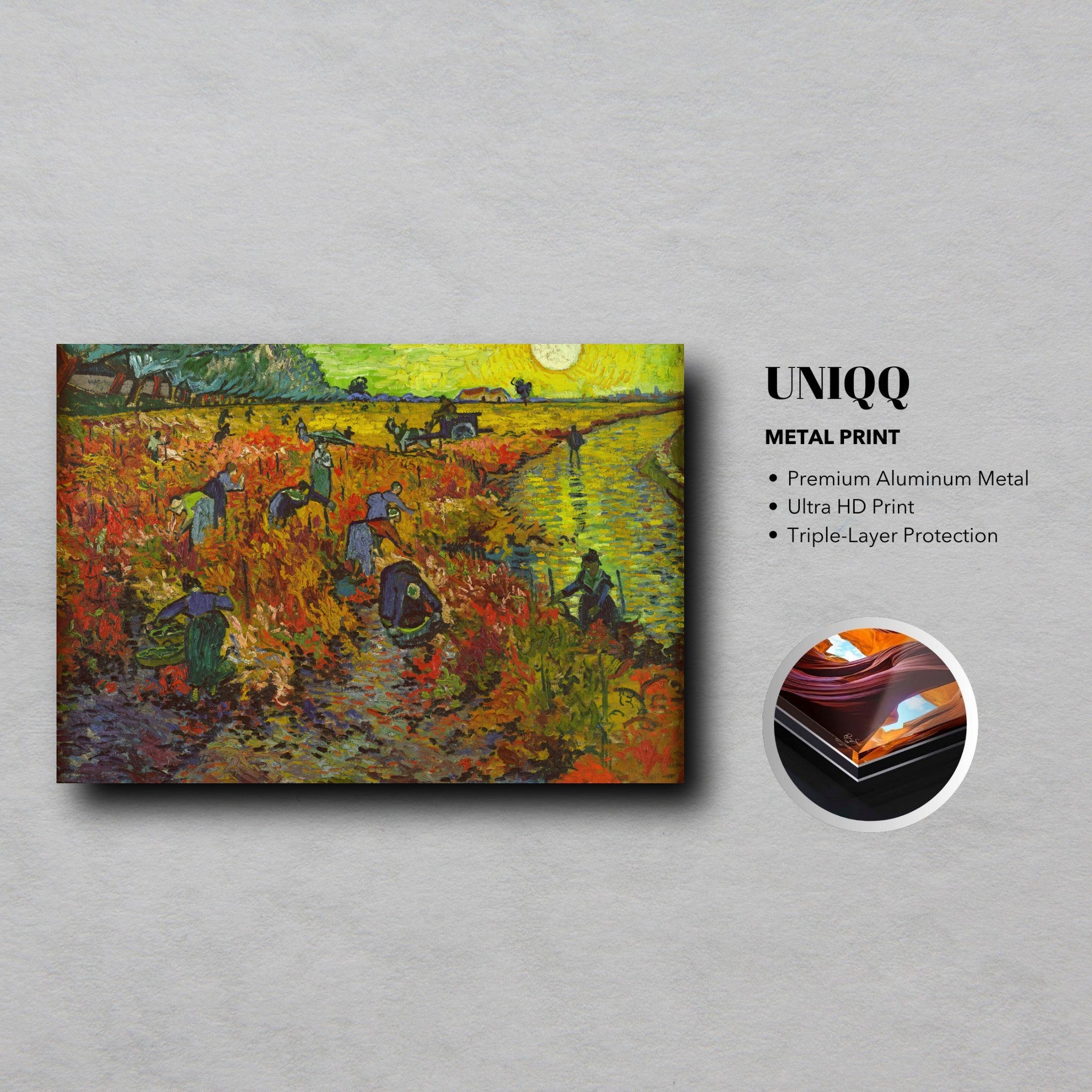 The Red Vineyard by Van Gogh metal print showcasing vibrant autumn colors and intricate brushstrokes on premium aluminum.
