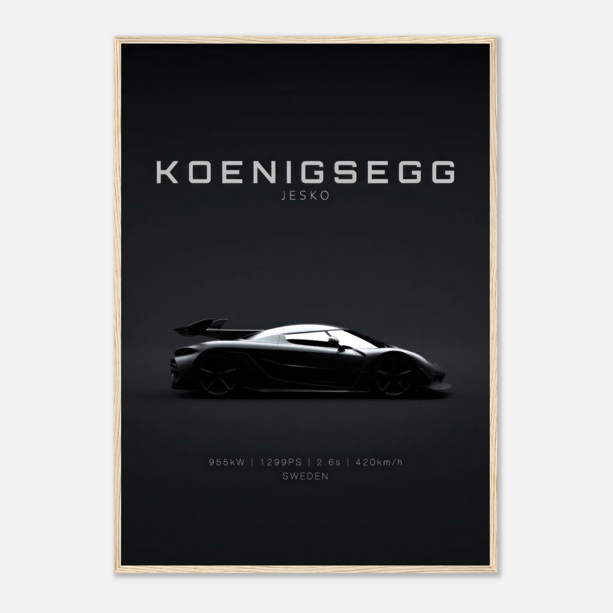 Koenigsegg Jesko framed poster featuring a sleek design on a minimalist background, ideal for car enthusiasts.