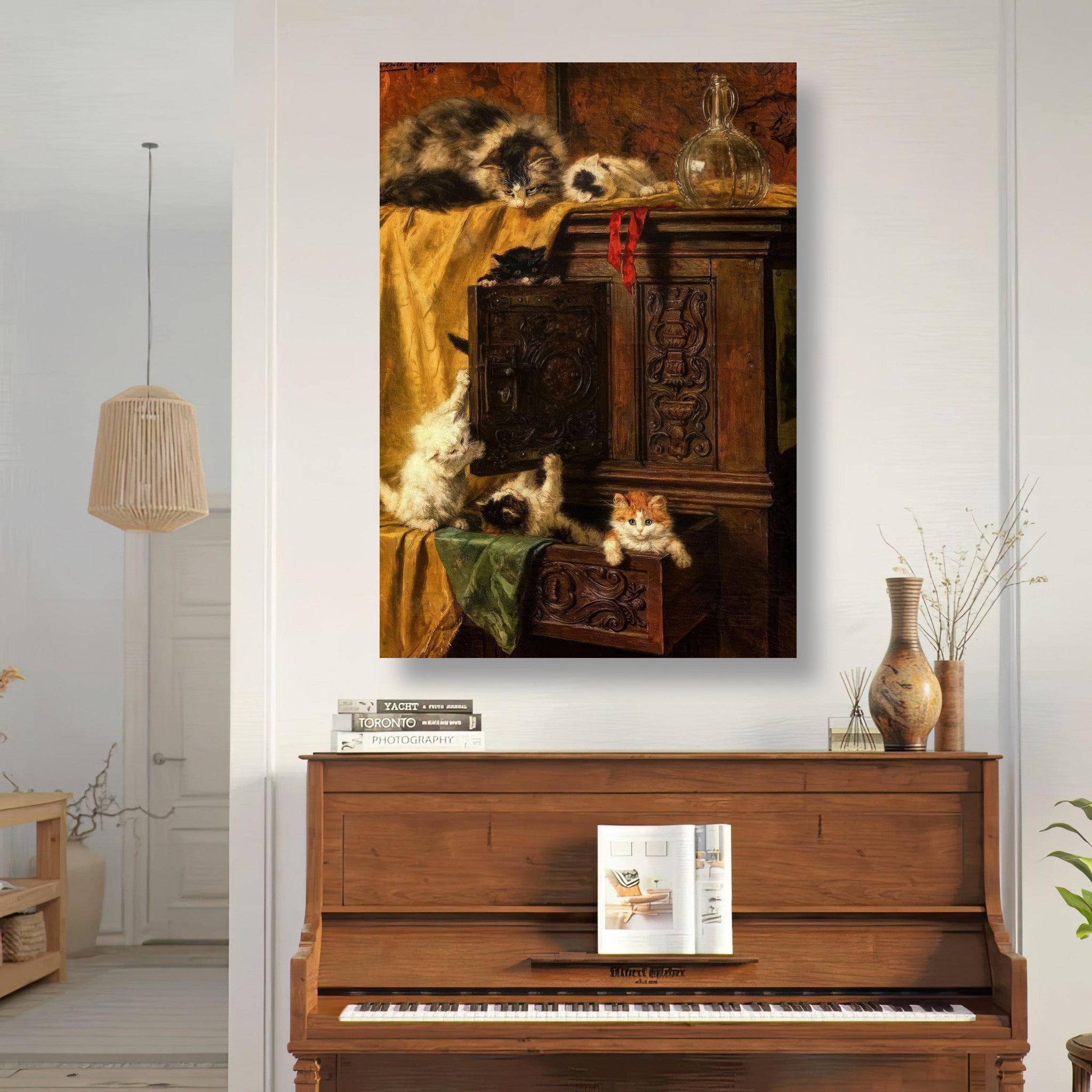 Vintage cat painting metal print depicting playful kittens on an antique wooden cabinet in a cozy home setting.