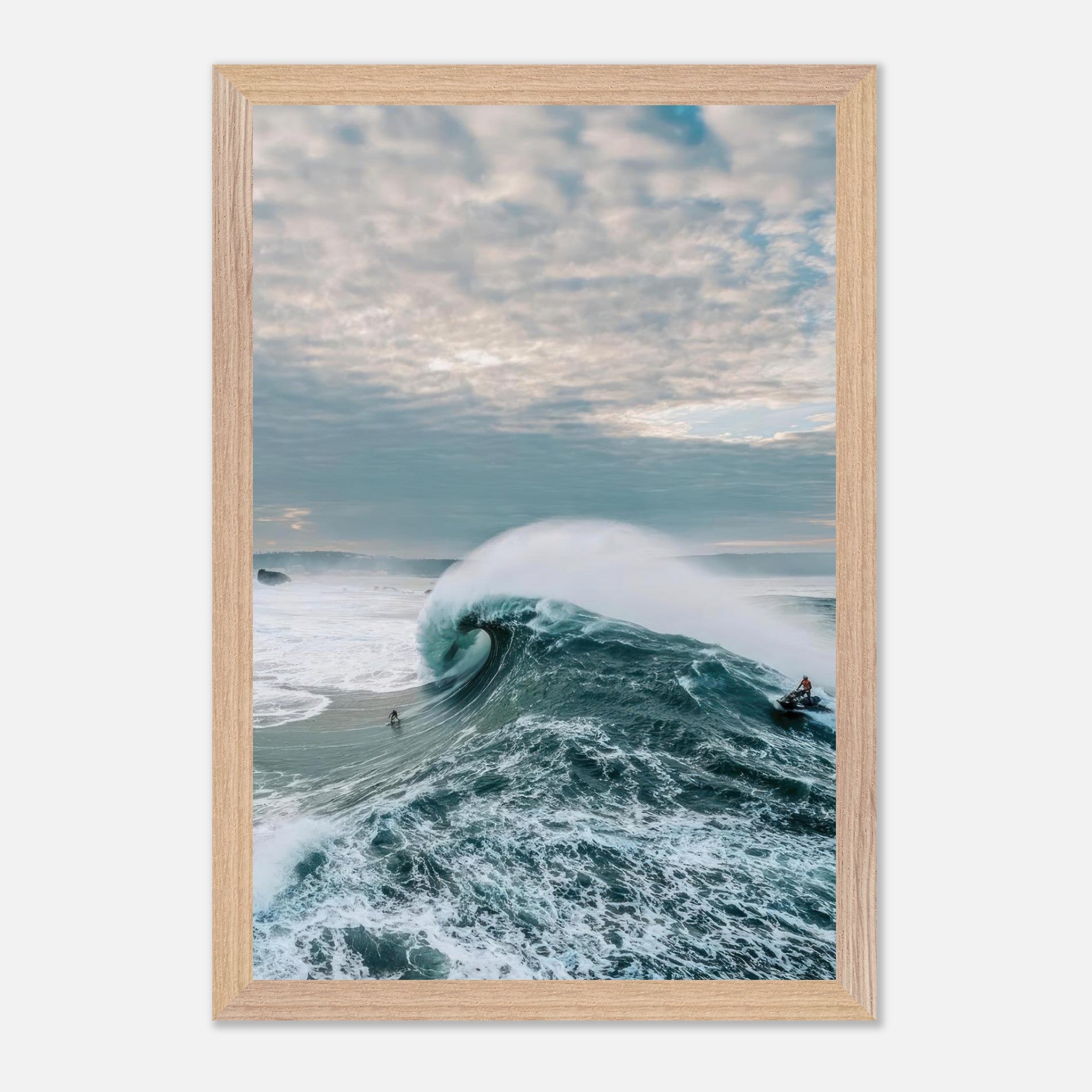 Breathtaking fine art print of big wave surfing capturing a surfer riding a colossal wave on a moody day.
