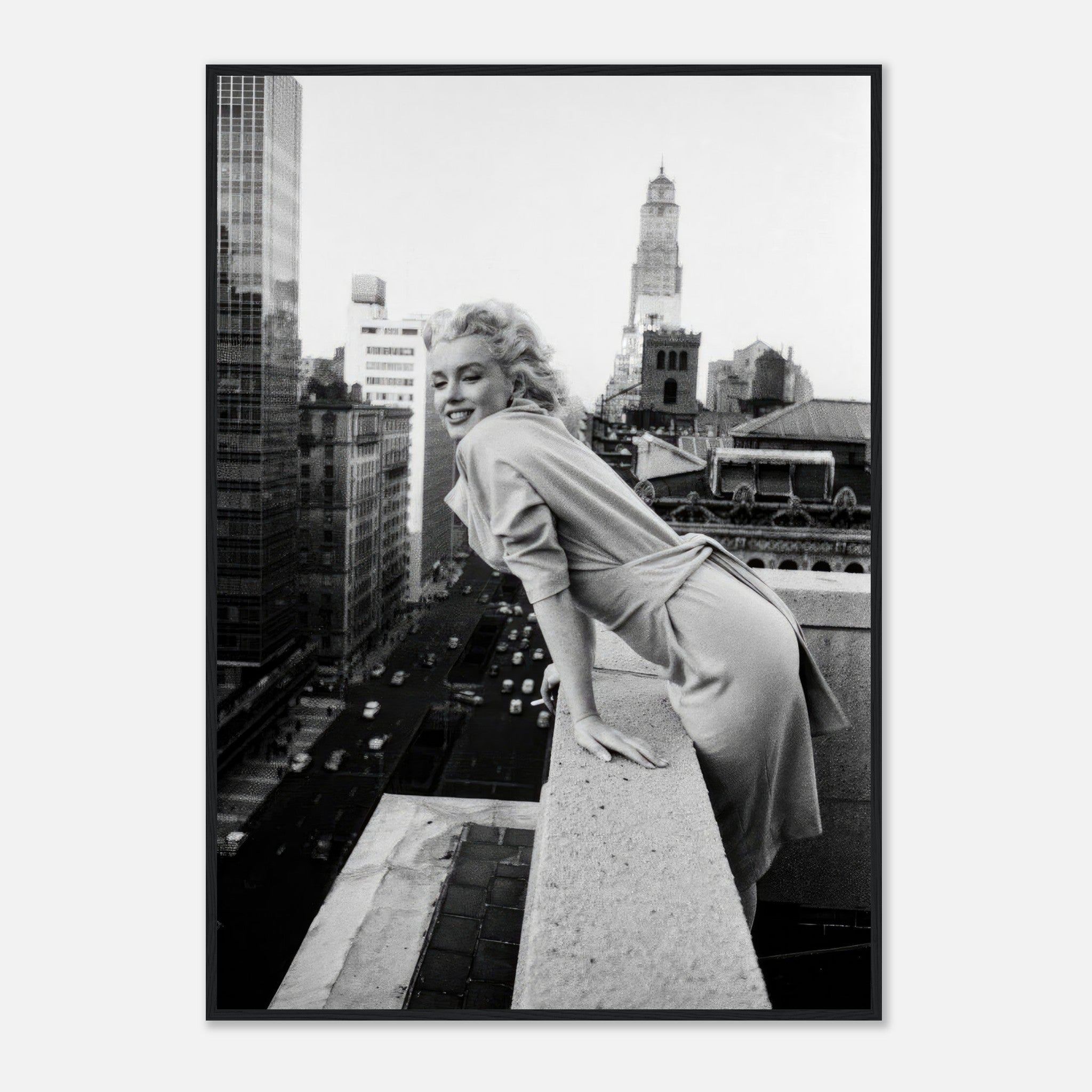 Marilyn Monroe framed print on New York rooftops, iconic black-and-white photo capturing her glamorous smile.