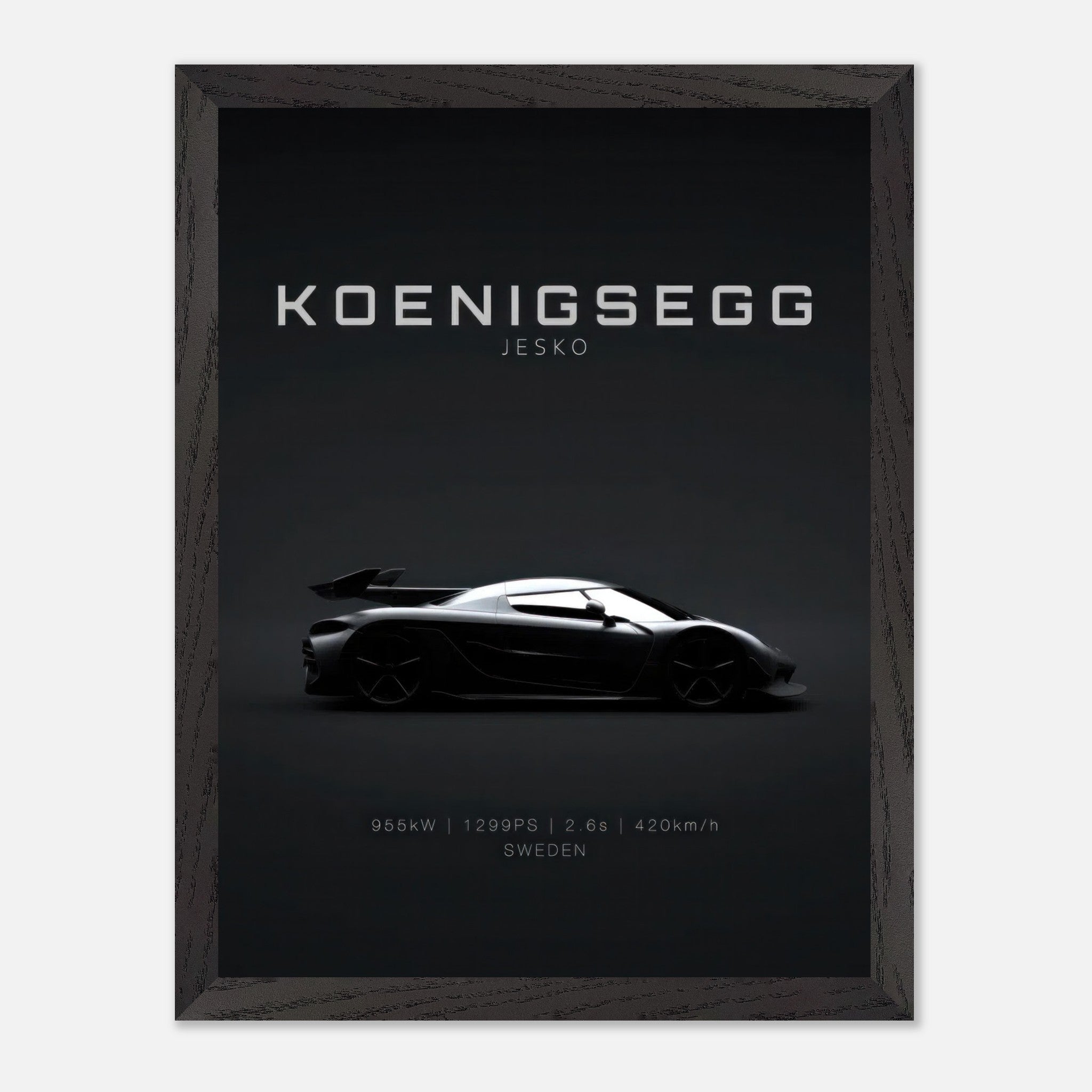 Koenigsegg Jesko vintage framed art featuring the sleek silhouette of the hypercar on a minimalist black background.