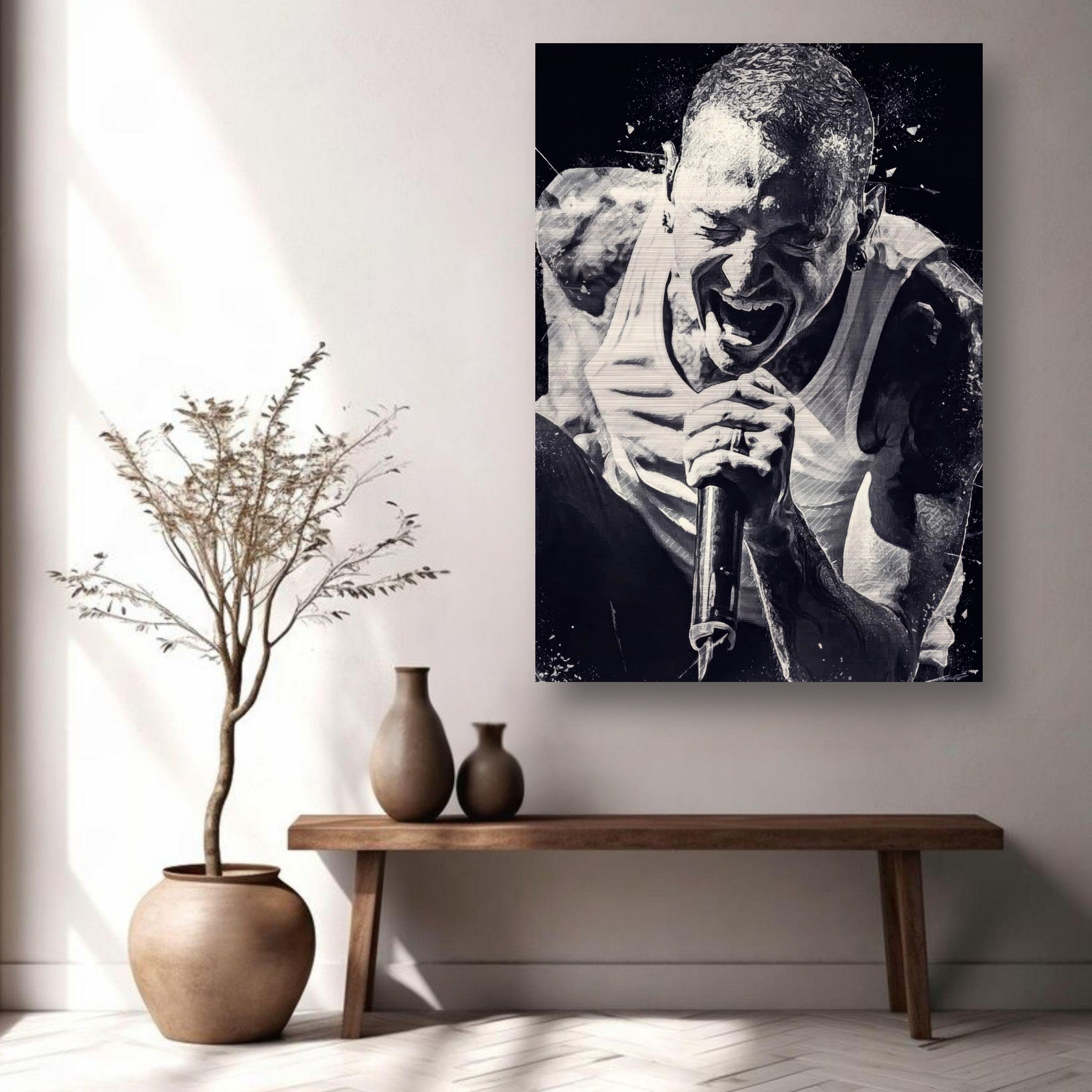 Chester Bennington brushed metal art print showcasing powerful performance in black-and-white, perfect for Linkin Park fans.