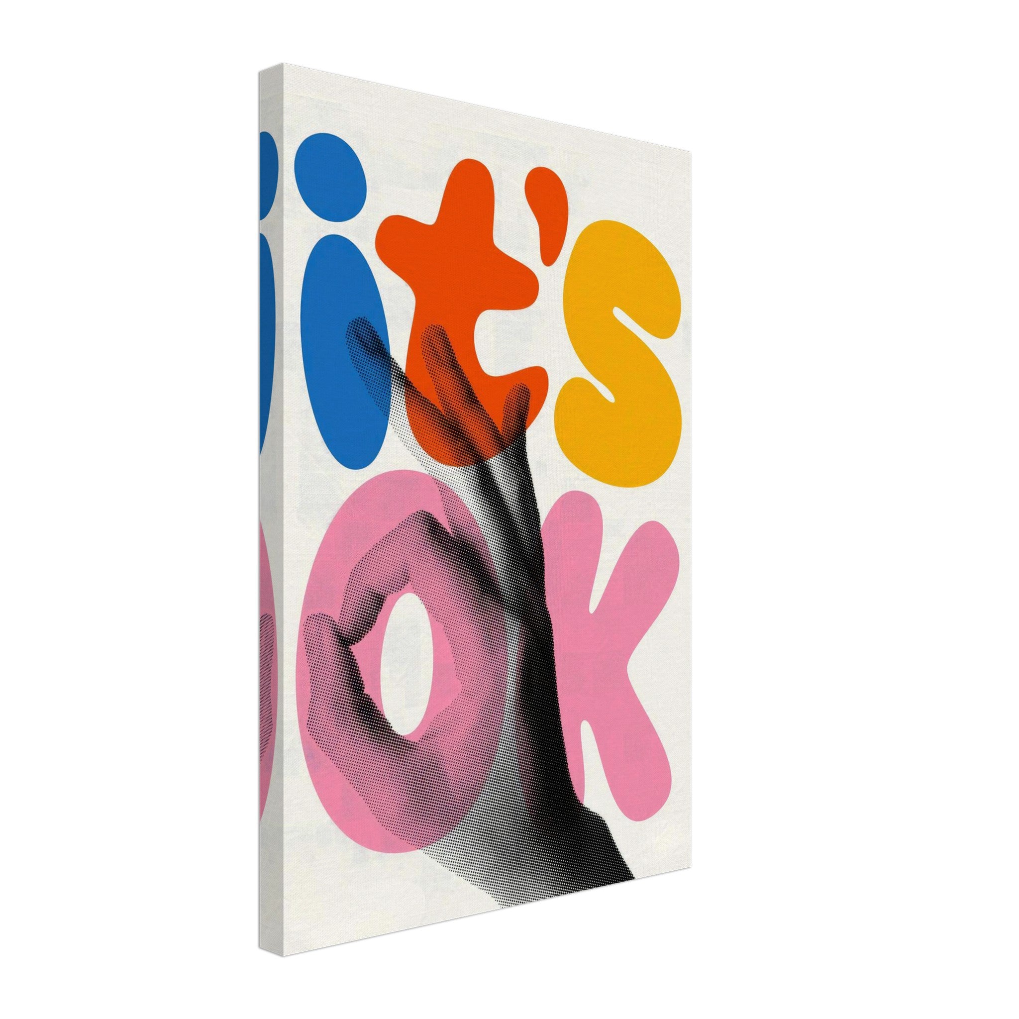 Retro abstract pop art canvas print featuring bold colors and playful typography saying 'It's OK'.