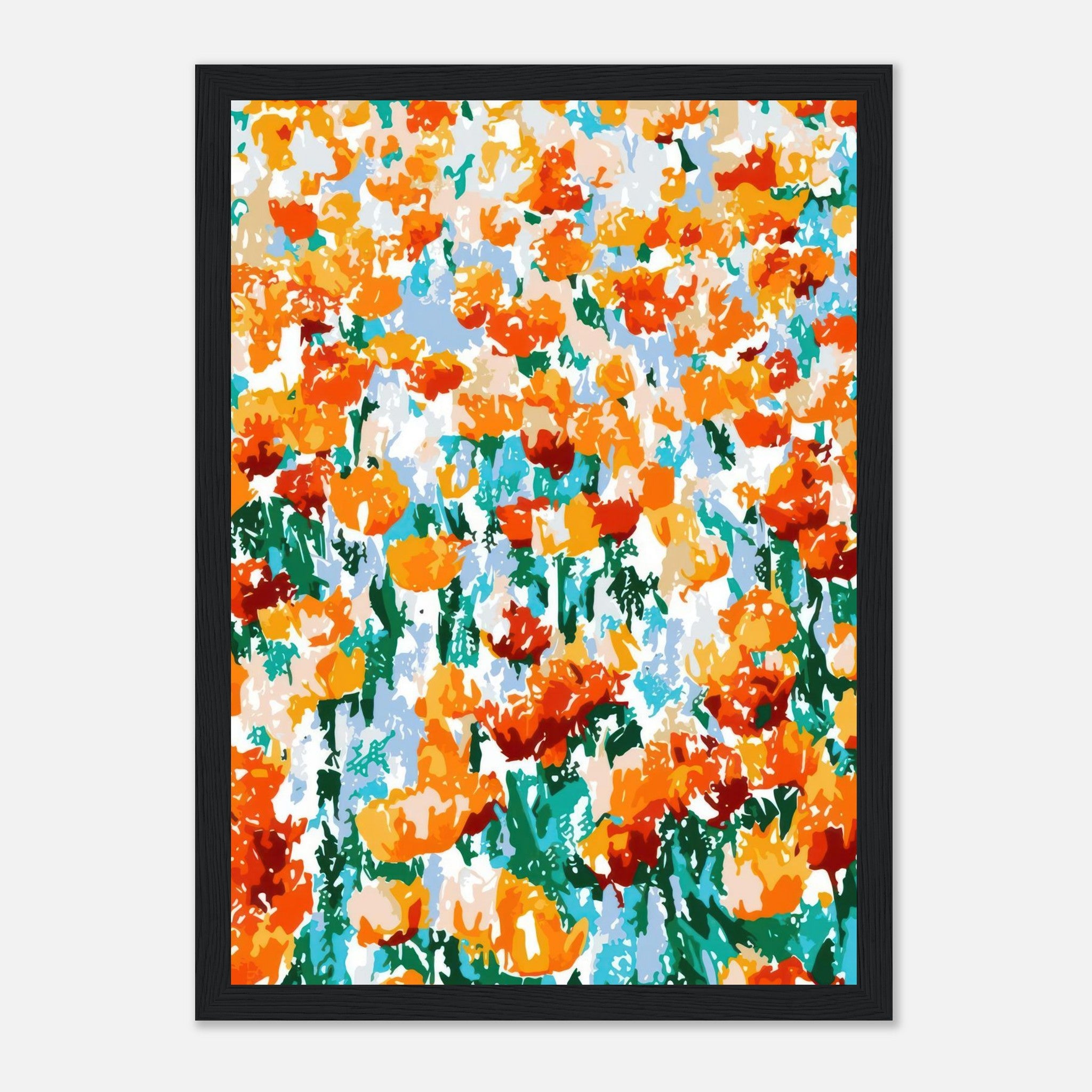 Abstract Floral Tulip Garden Framed Print featuring vibrant orange and red tulips in a dynamic, colorful design.