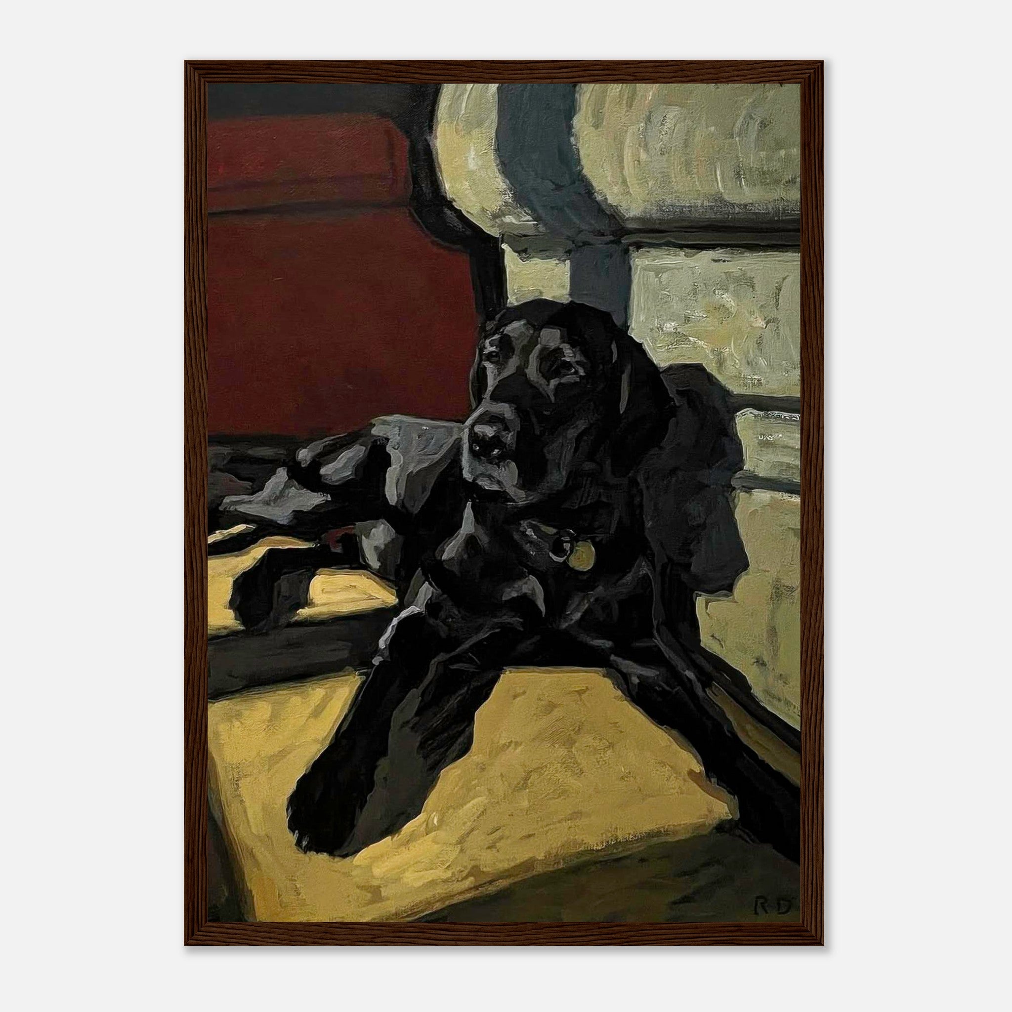 Framed print of a black Labrador dog lounging in a cozy setting, showcasing rich colors and expressive brushstrokes.
