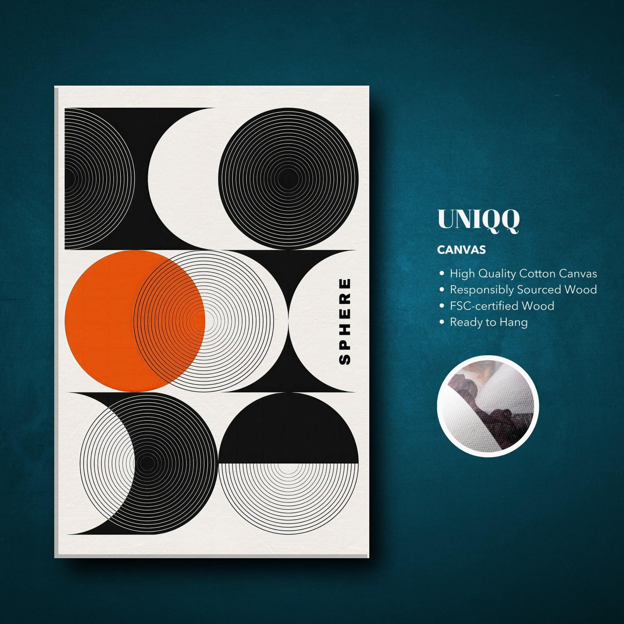 Abstract Geometric Sphere Art Canvas Print with black, white, and orange circular patterns, modern minimalist design.