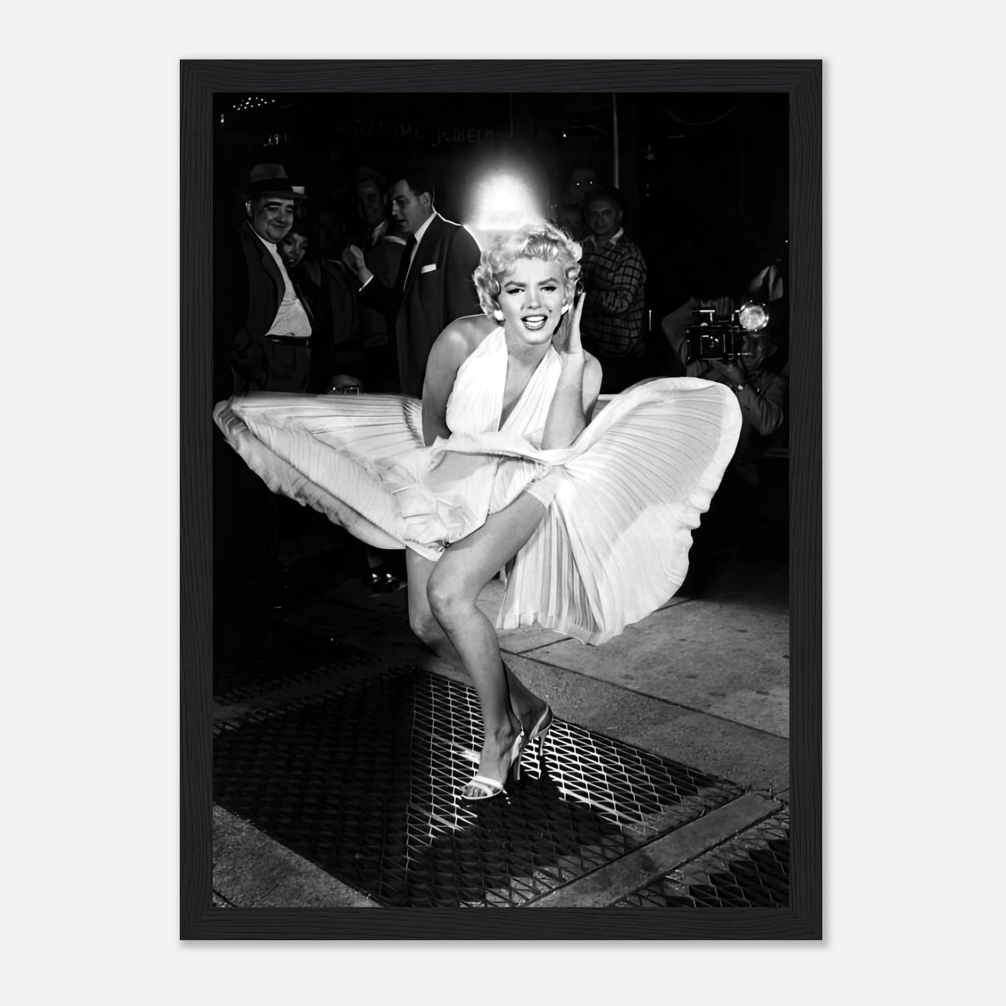 Marilyn Monroe in iconic white dress, wind-blown photograph from The Seven Year Itch, framed print.