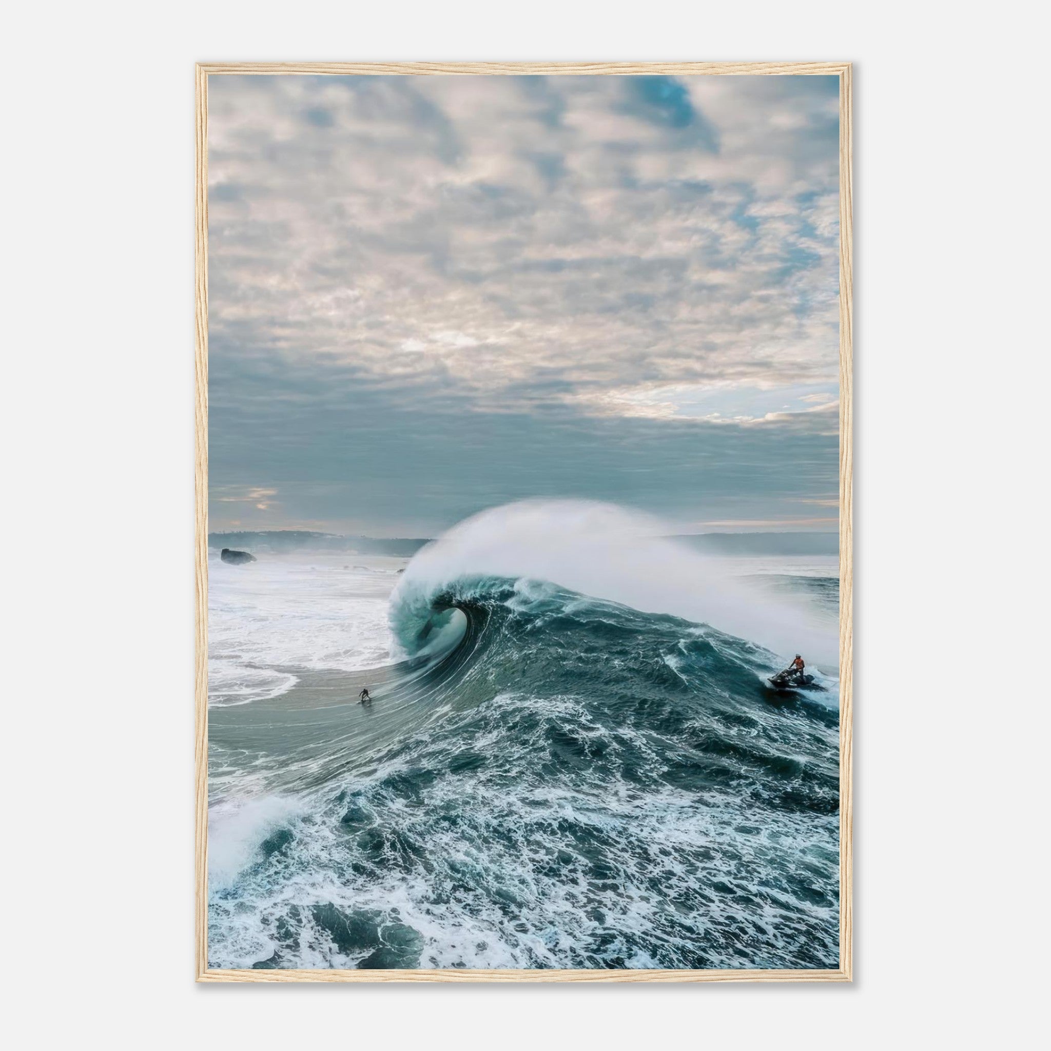 Stunning Big Wave Surfing Framed Print featuring a surfer riding a massive wave against a dramatic sky.