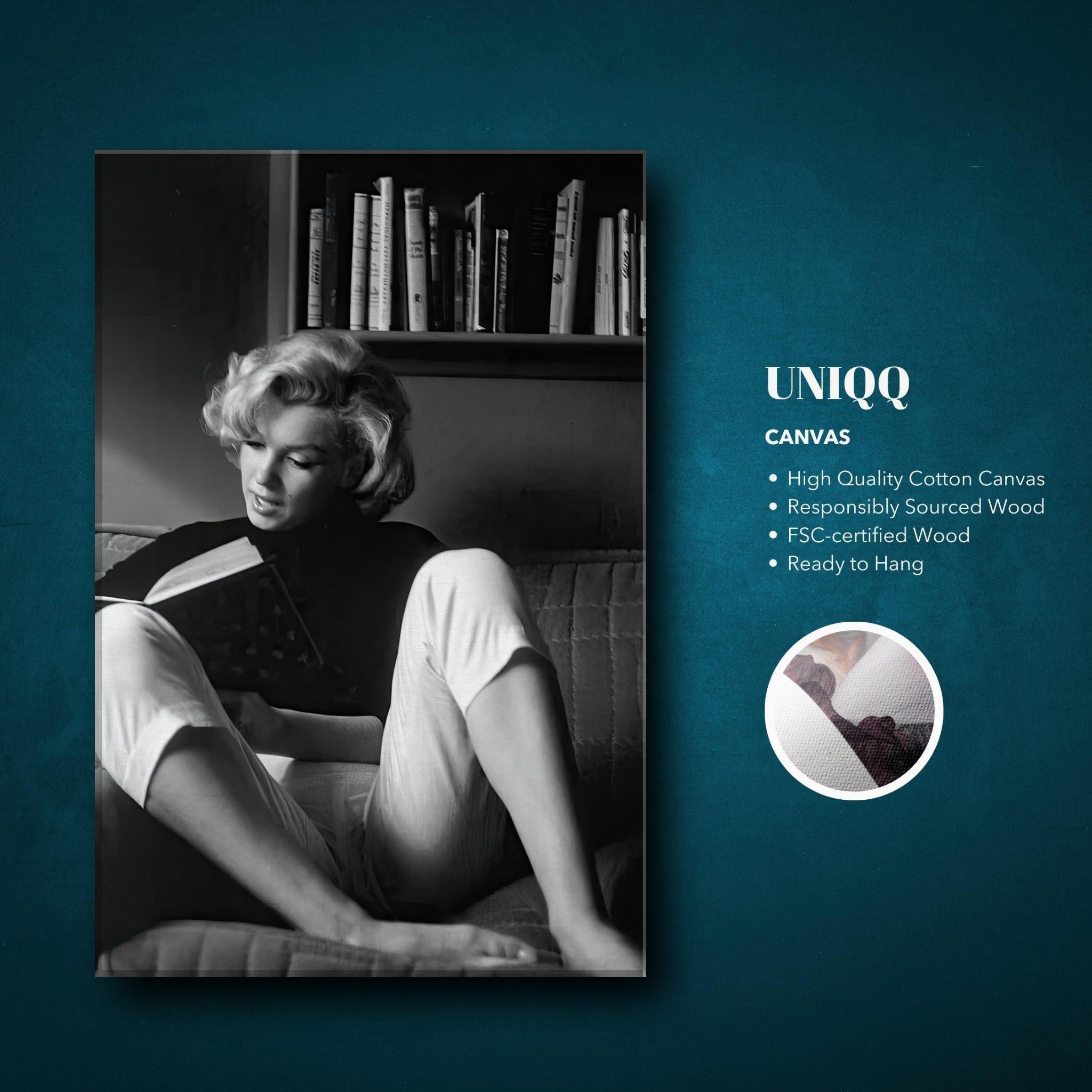 Marilyn Monroe canvas art featuring her reading at home, exuding elegance and Hollywood glamour in black-and-white.